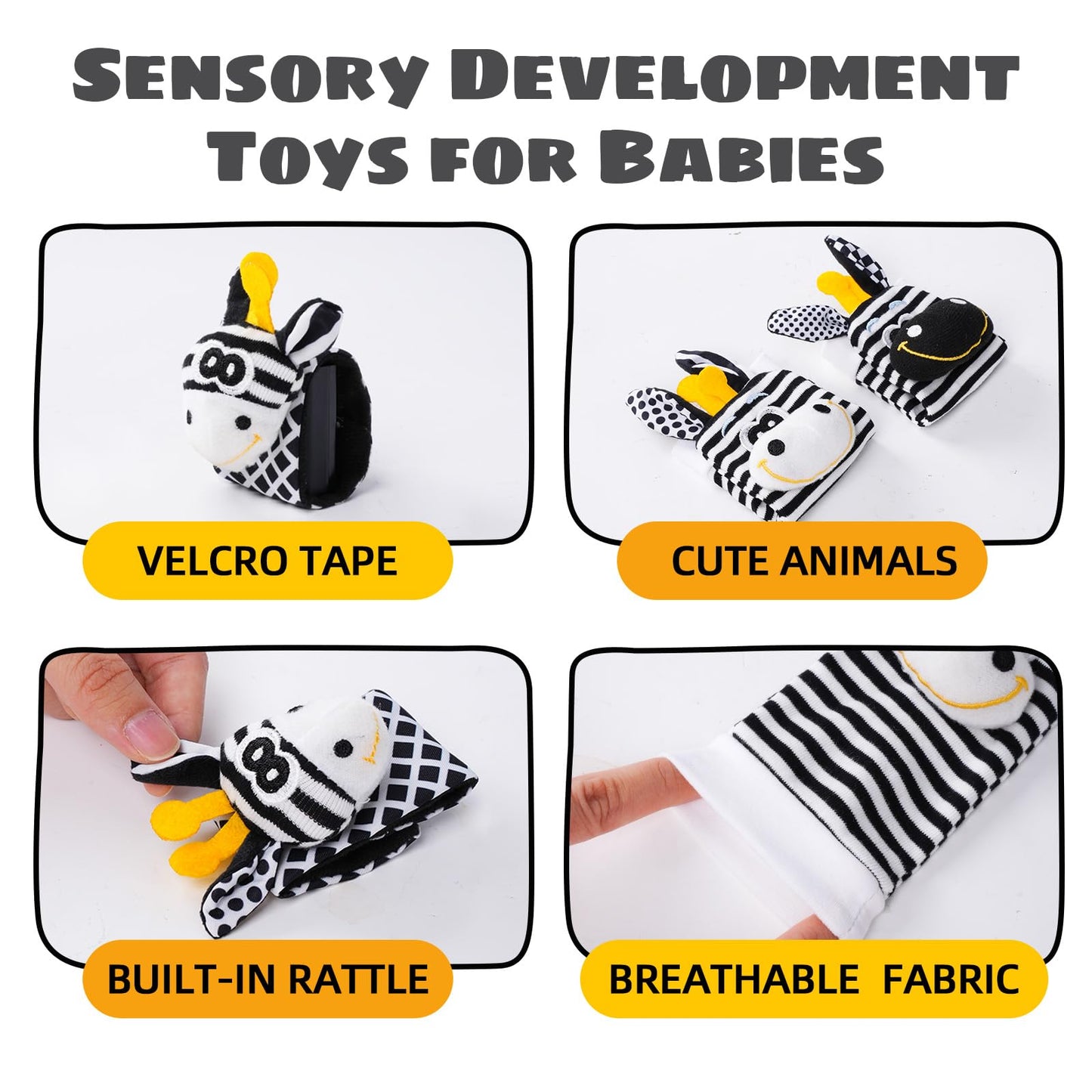 PHEZAPA Baby Toys 0-6 Months – High-Contrast Wrist Rattle Socks (Black & White)