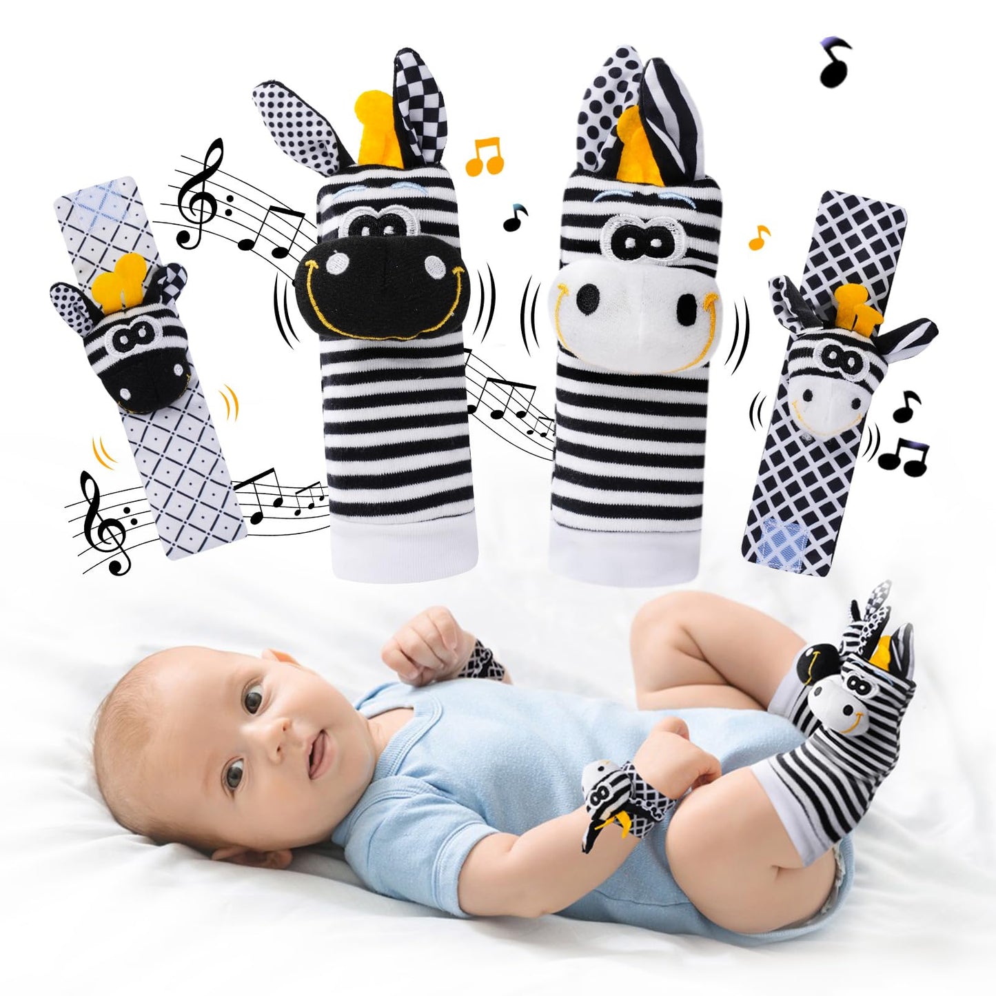 PHEZAPA Baby Toys 0-6 Months – High-Contrast Wrist Rattle Socks (Black & White)