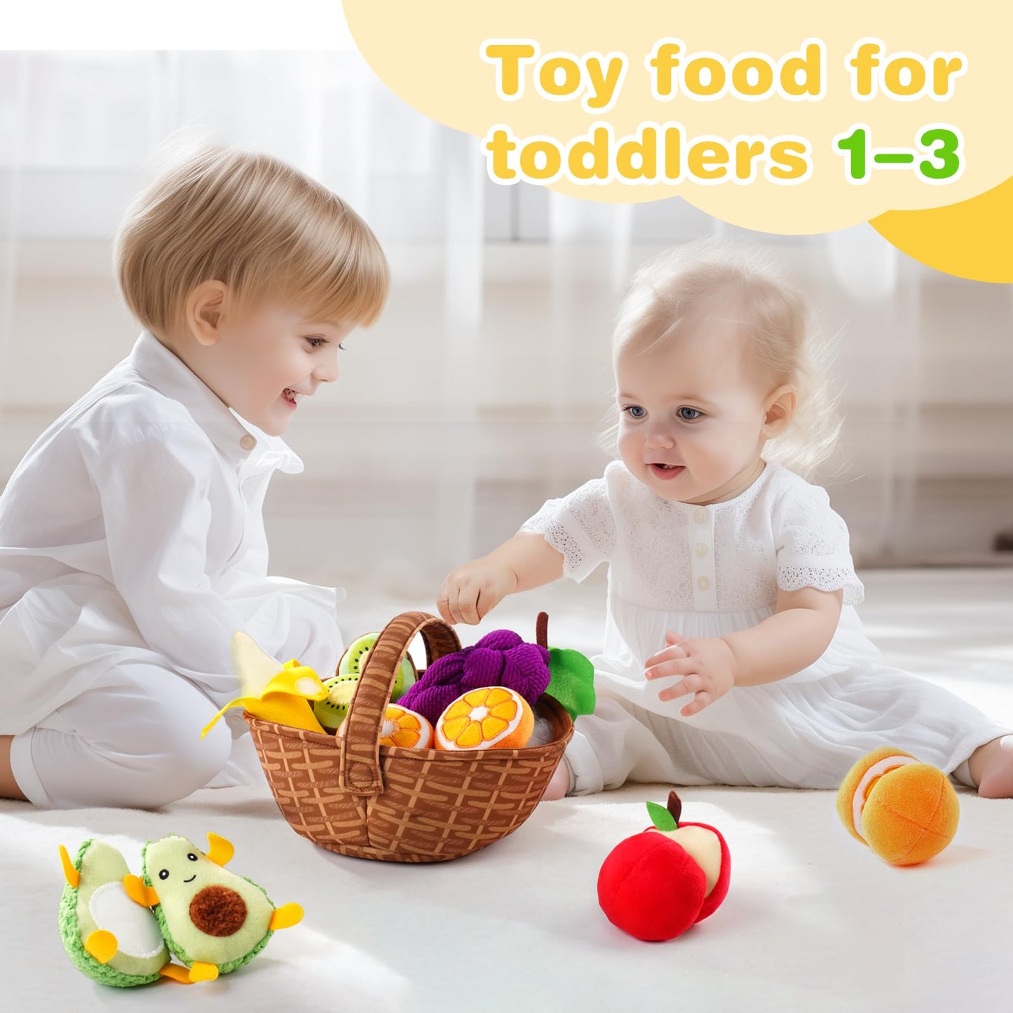 PHEZAPA Plush Play Food for Toddlers 1-3 — Sorting Fruit Basket Toy