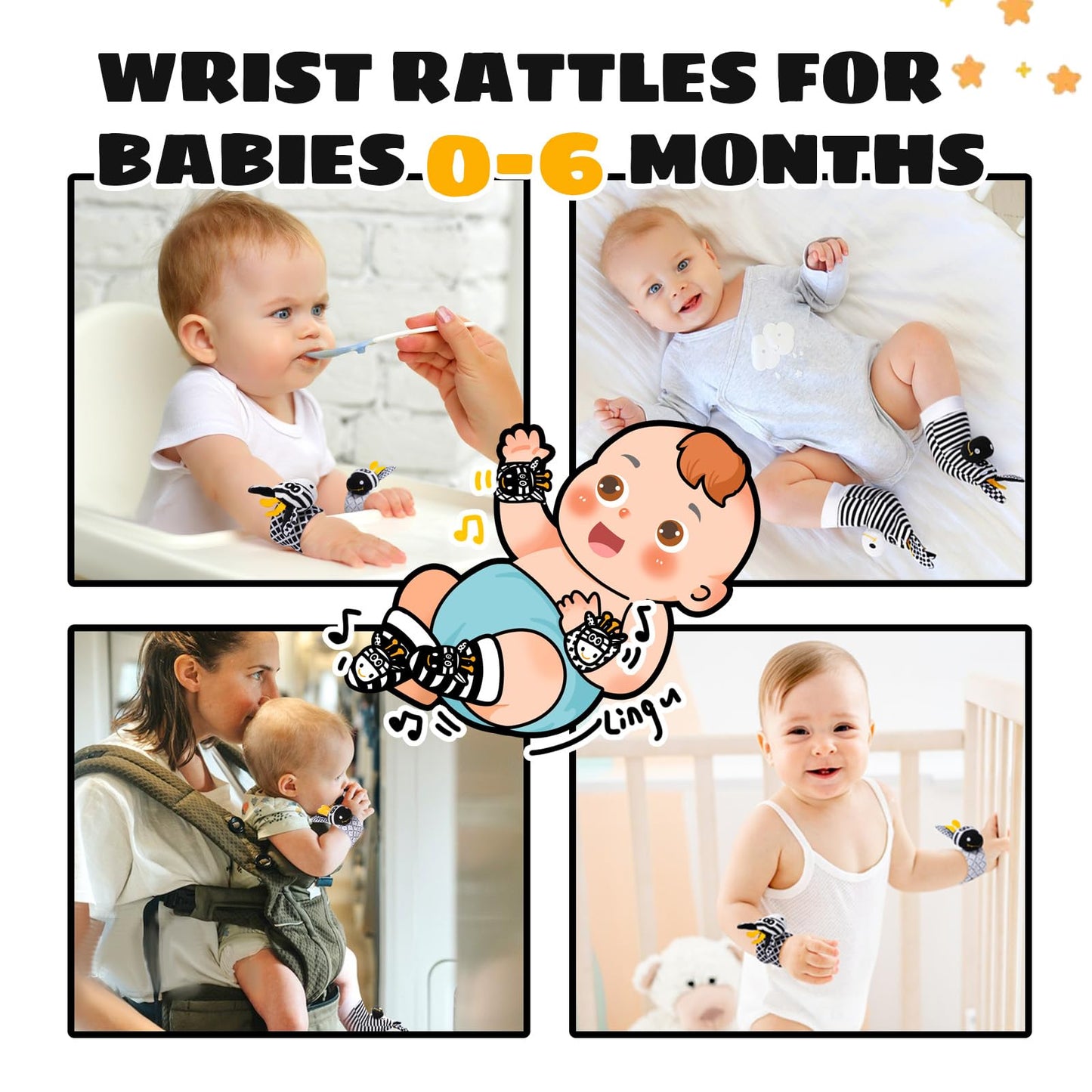 PHEZAPA Baby Toys 0-6 Months – High-Contrast Wrist Rattle Socks (Black & White)
