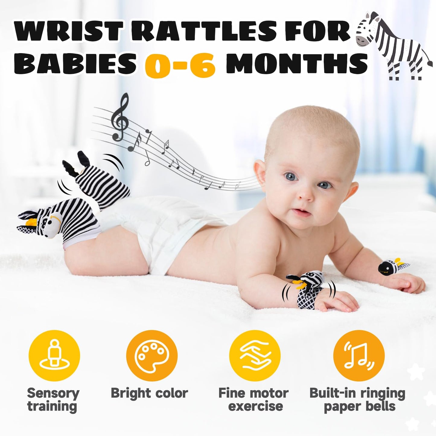 PHEZAPA Baby Toys 0-6 Months – High-Contrast Wrist Rattle Socks (Black & White)