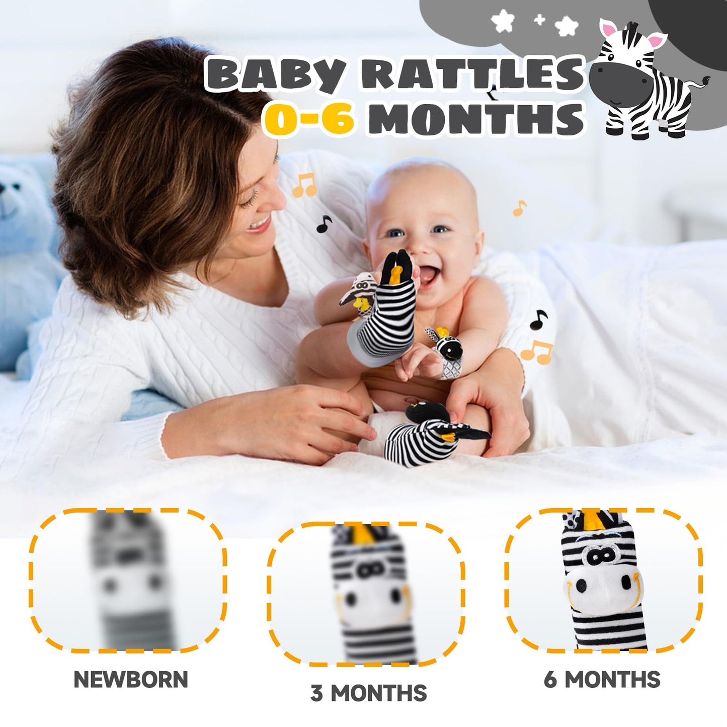 PHEZAPA Baby Toys 0-6 Months – High-Contrast Wrist Rattle Socks (Black & White)