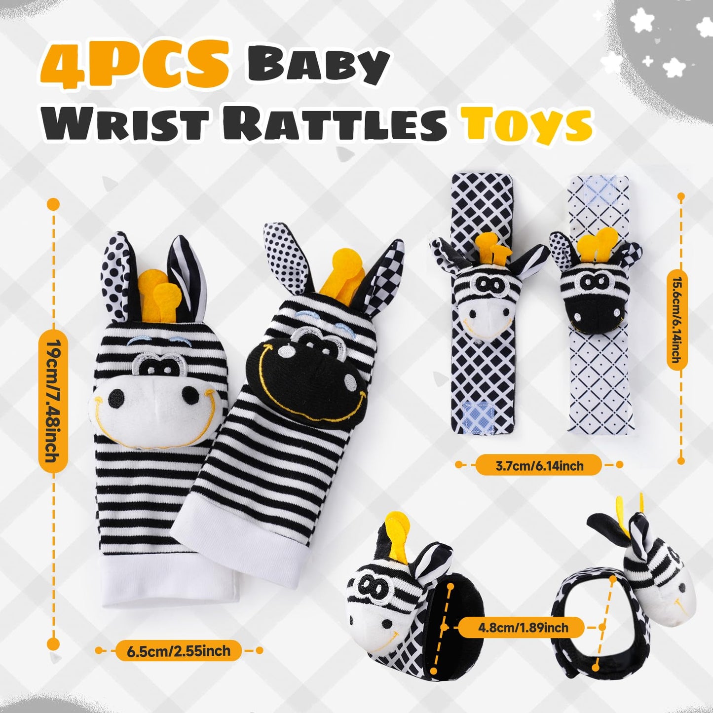 PHEZAPA Baby Toys 0-6 Months – High-Contrast Wrist Rattle Socks (Black & White)