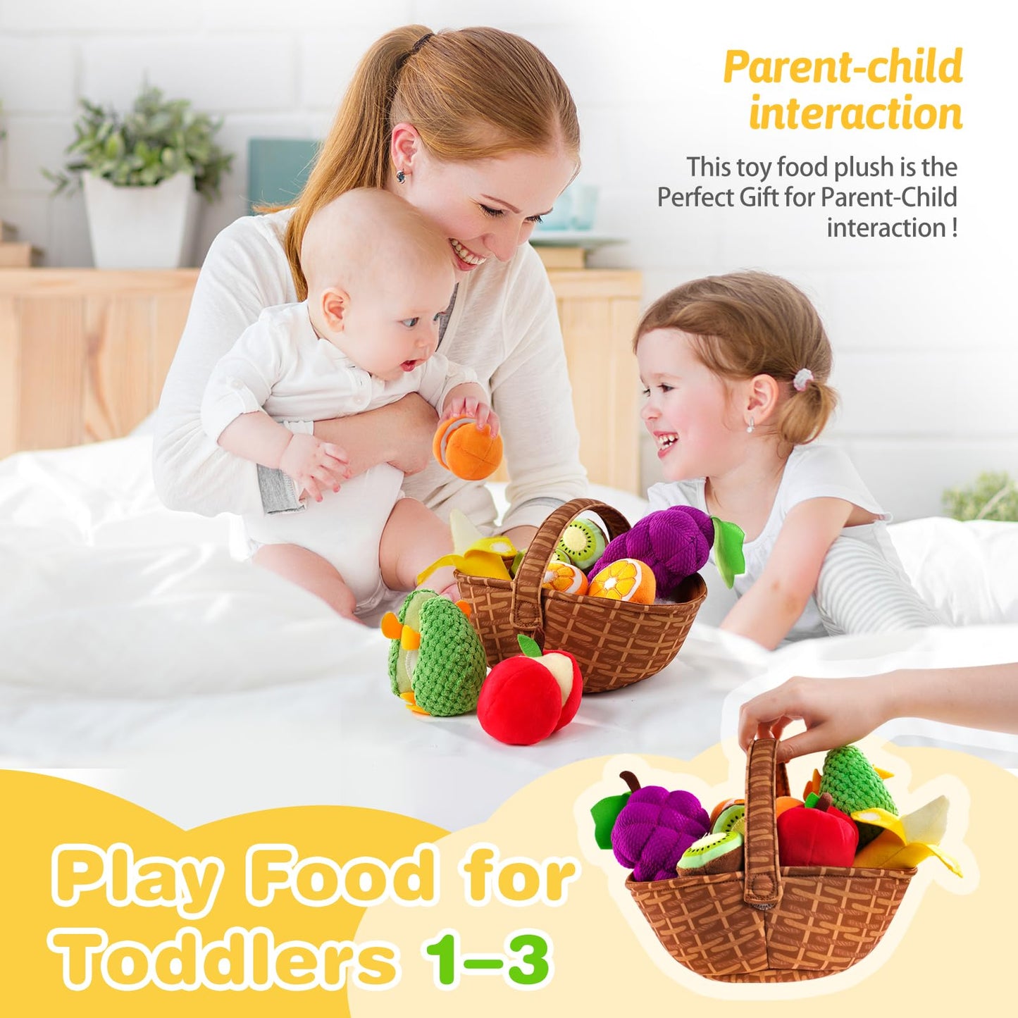 PHEZAPA Plush Play Food for Toddlers 1-3 — Sorting Fruit Basket Toy