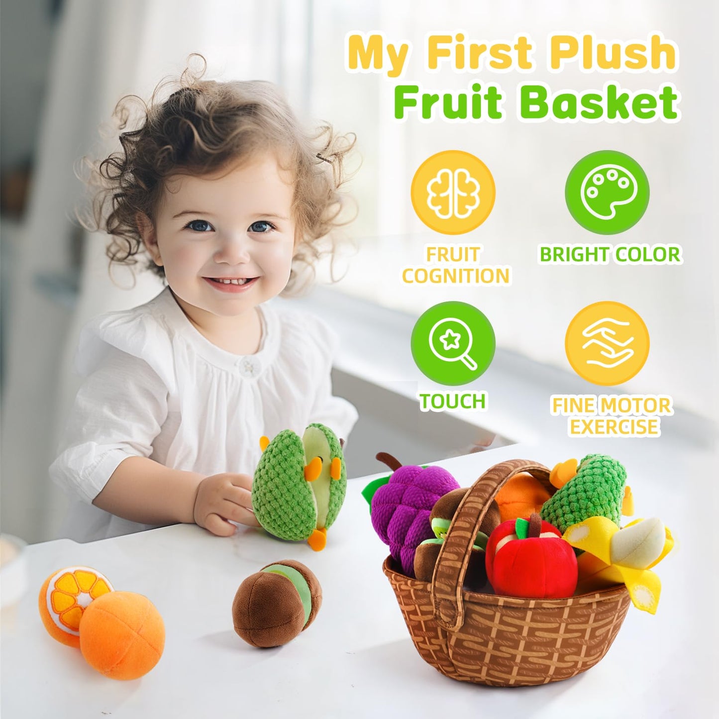 PHEZAPA Plush Play Food for Toddlers 1-3 — Sorting Fruit Basket Toy