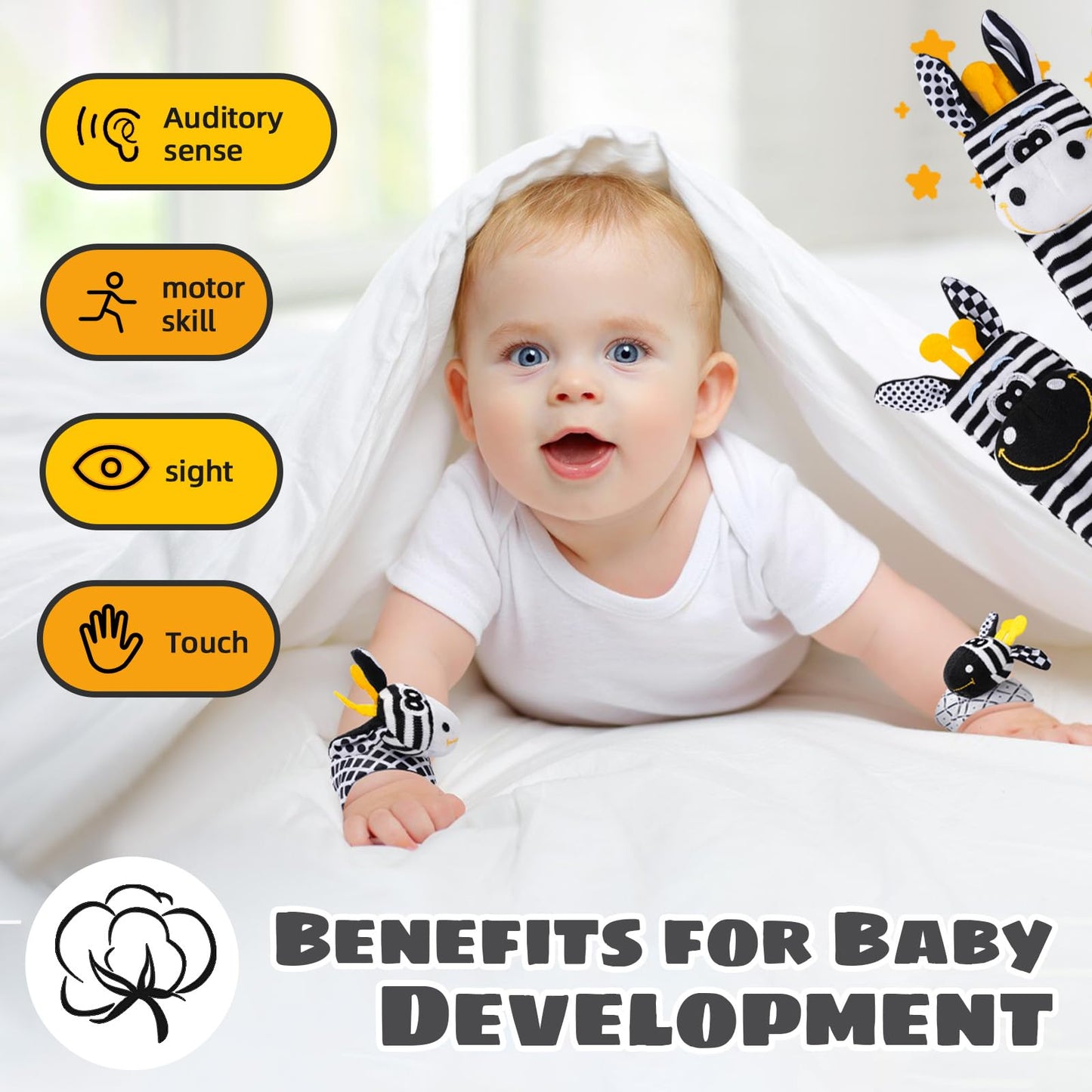 PHEZAPA Baby Toys 0-6 Months – High-Contrast Wrist Rattle Socks (Black & White)