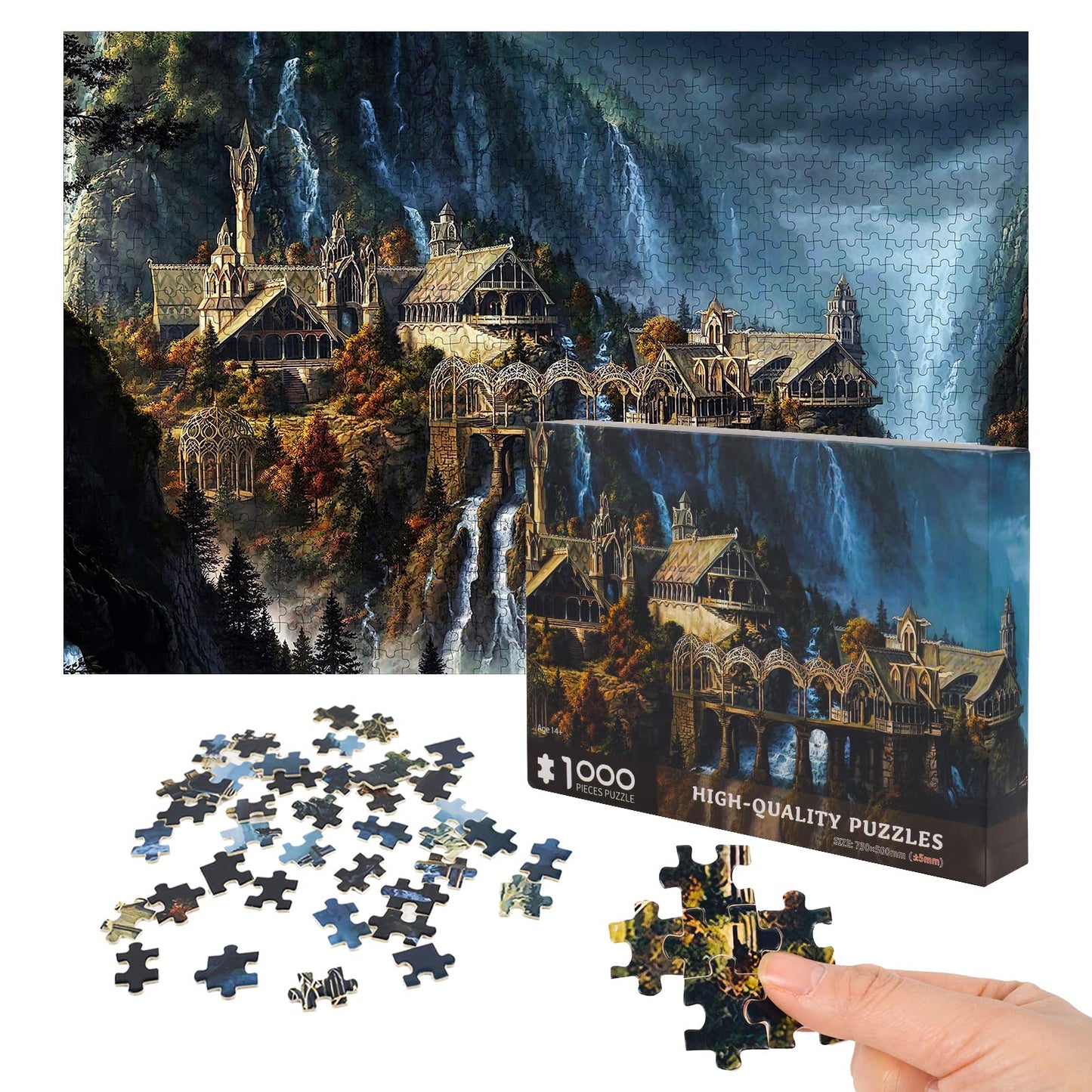 Phinli Lord of the Rings 1000-Piece Puzzle for Adults – Waterfall Town Artwork Jigsaw