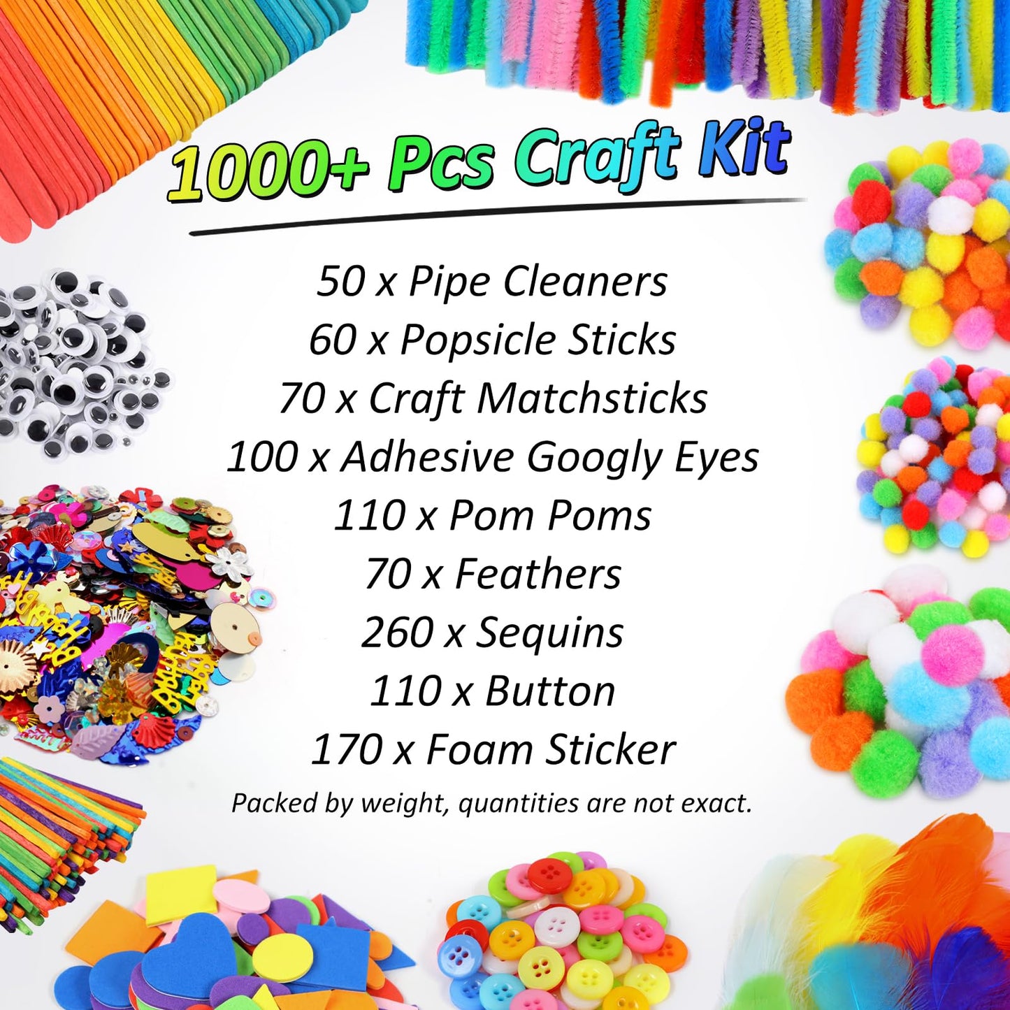 Phinus Craft Supplies Set - 9 Types of Arts & Crafts Materials, 1000+ Pcs