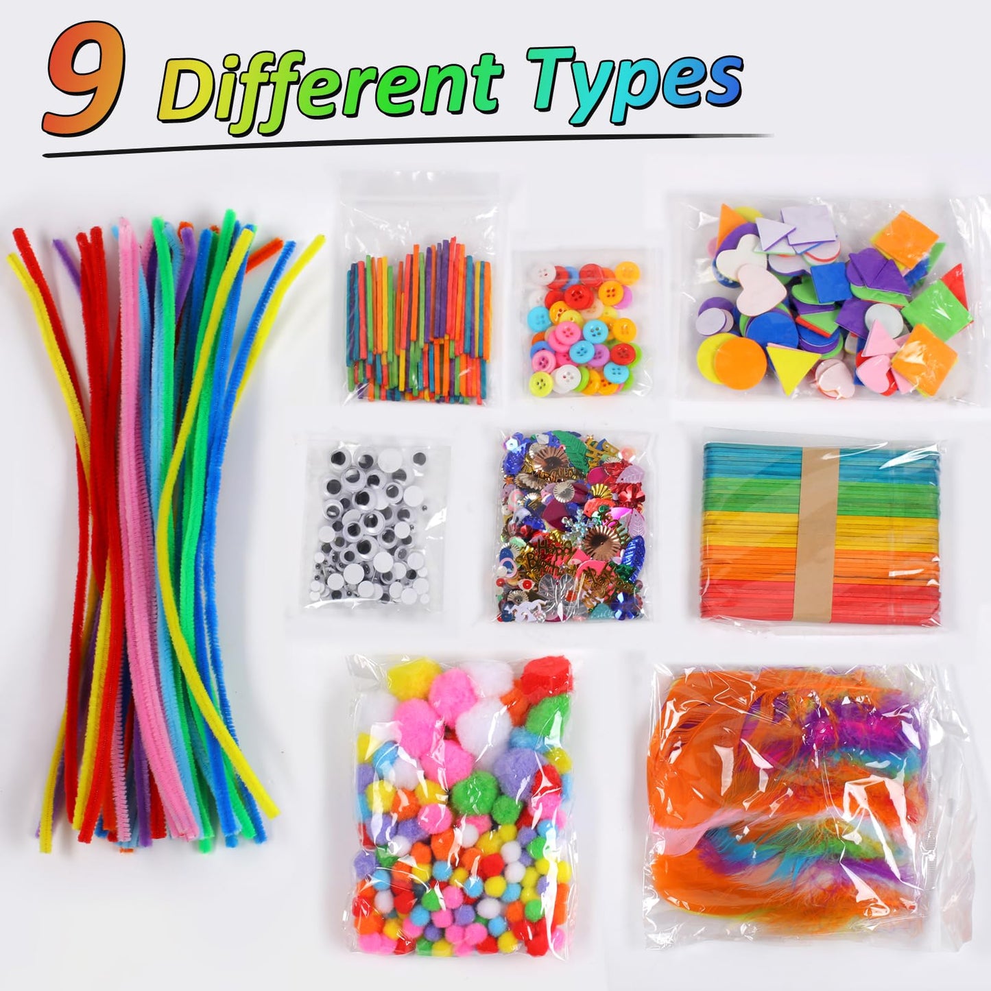 Phinus Craft Supplies Set - 9 Types of Arts & Crafts Materials, 1000+ Pcs