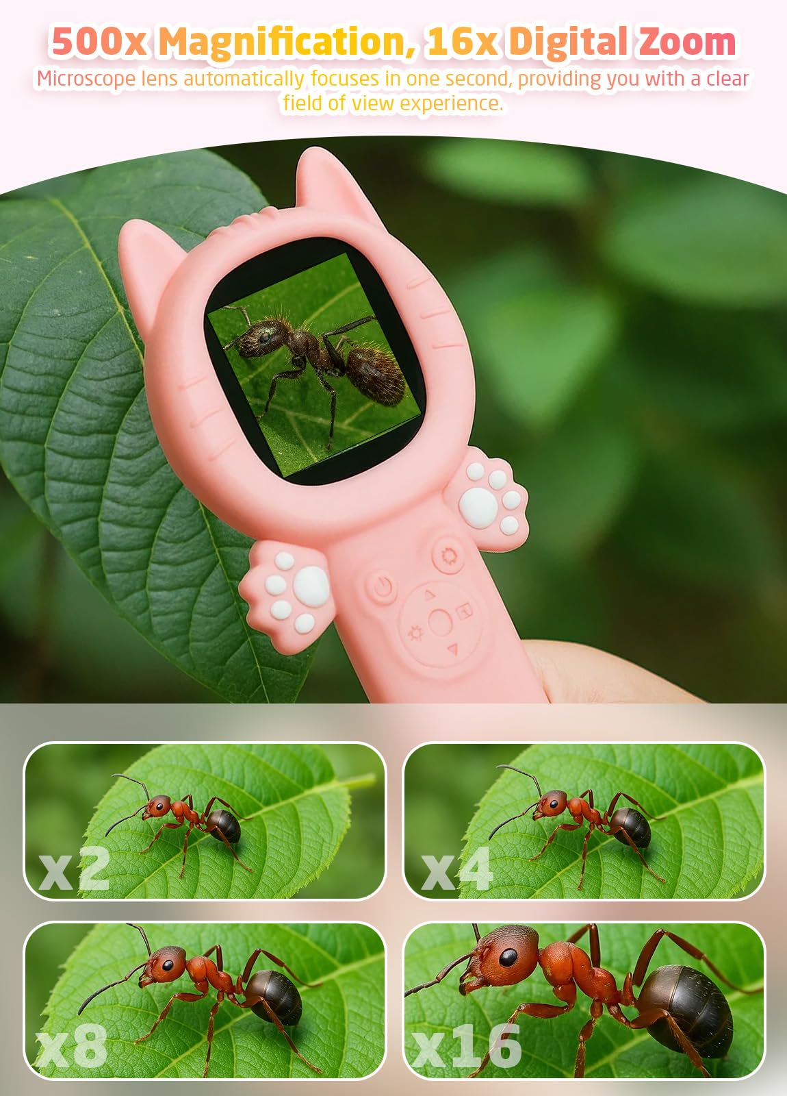 PHNIXGAM 2-in-1 Microscope Camera for Kids - Pink Cat, Portable 500x Zoom & 8 LED