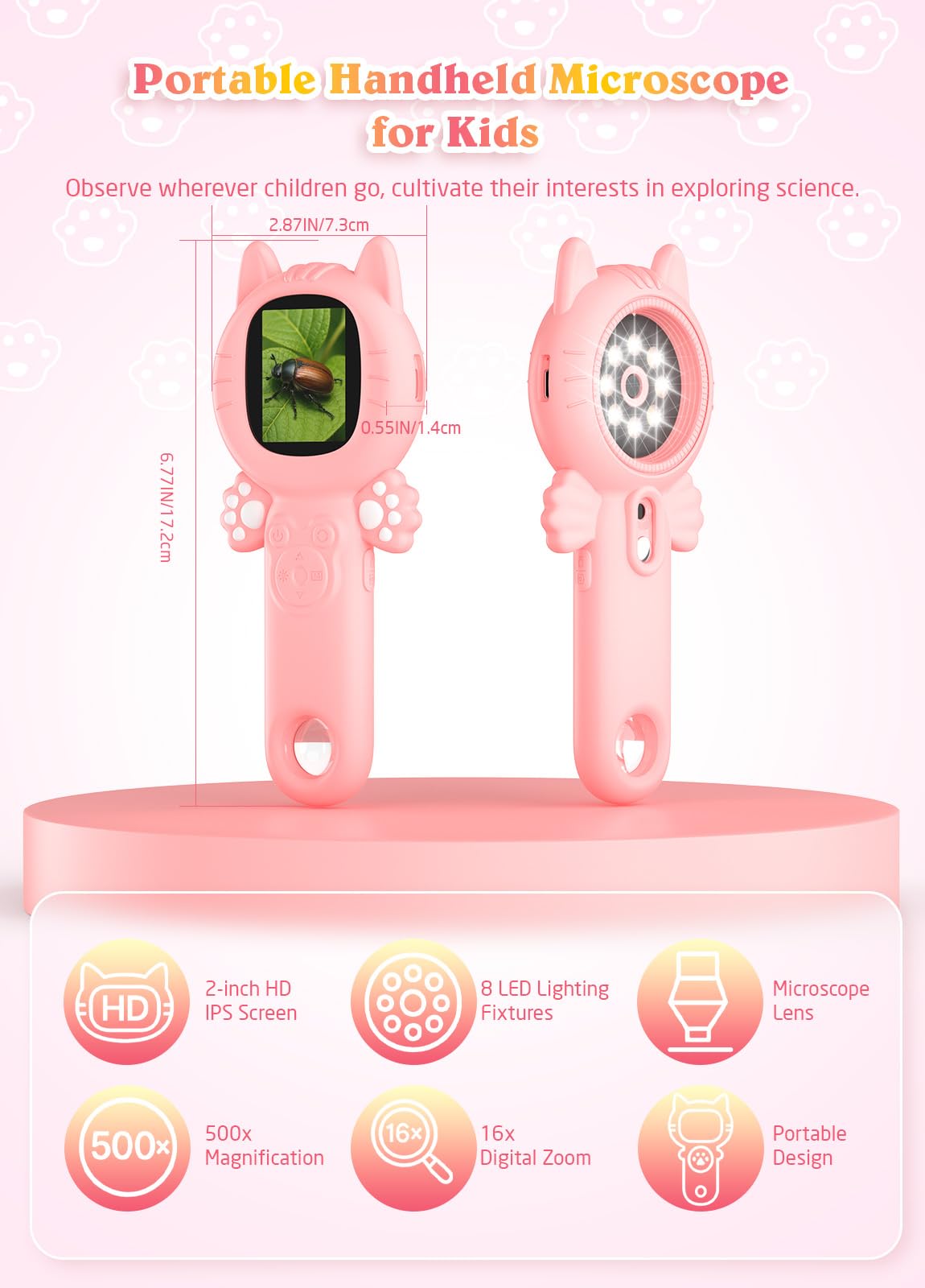 PHNIXGAM 2-in-1 Microscope Camera for Kids - Pink Cat, Portable 500x Zoom & 8 LED