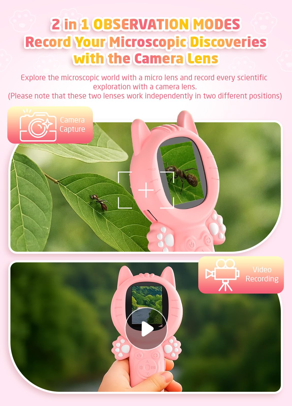 PHNIXGAM 2-in-1 Microscope Camera for Kids - Pink Cat, Portable 500x Zoom & 8 LED