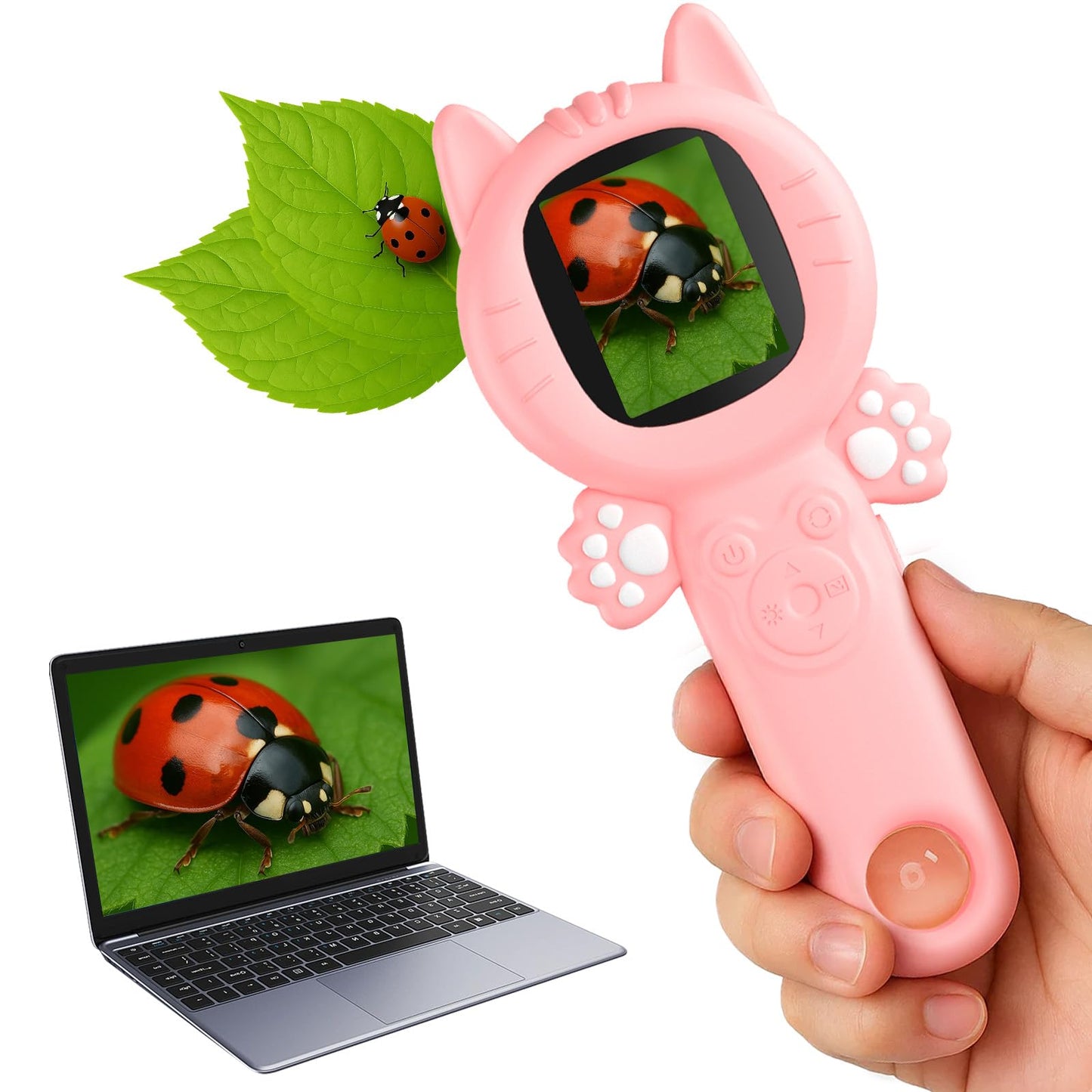 PHNIXGAM 2-in-1 Microscope Camera for Kids - Pink Cat, Portable 500x Zoom & 8 LED