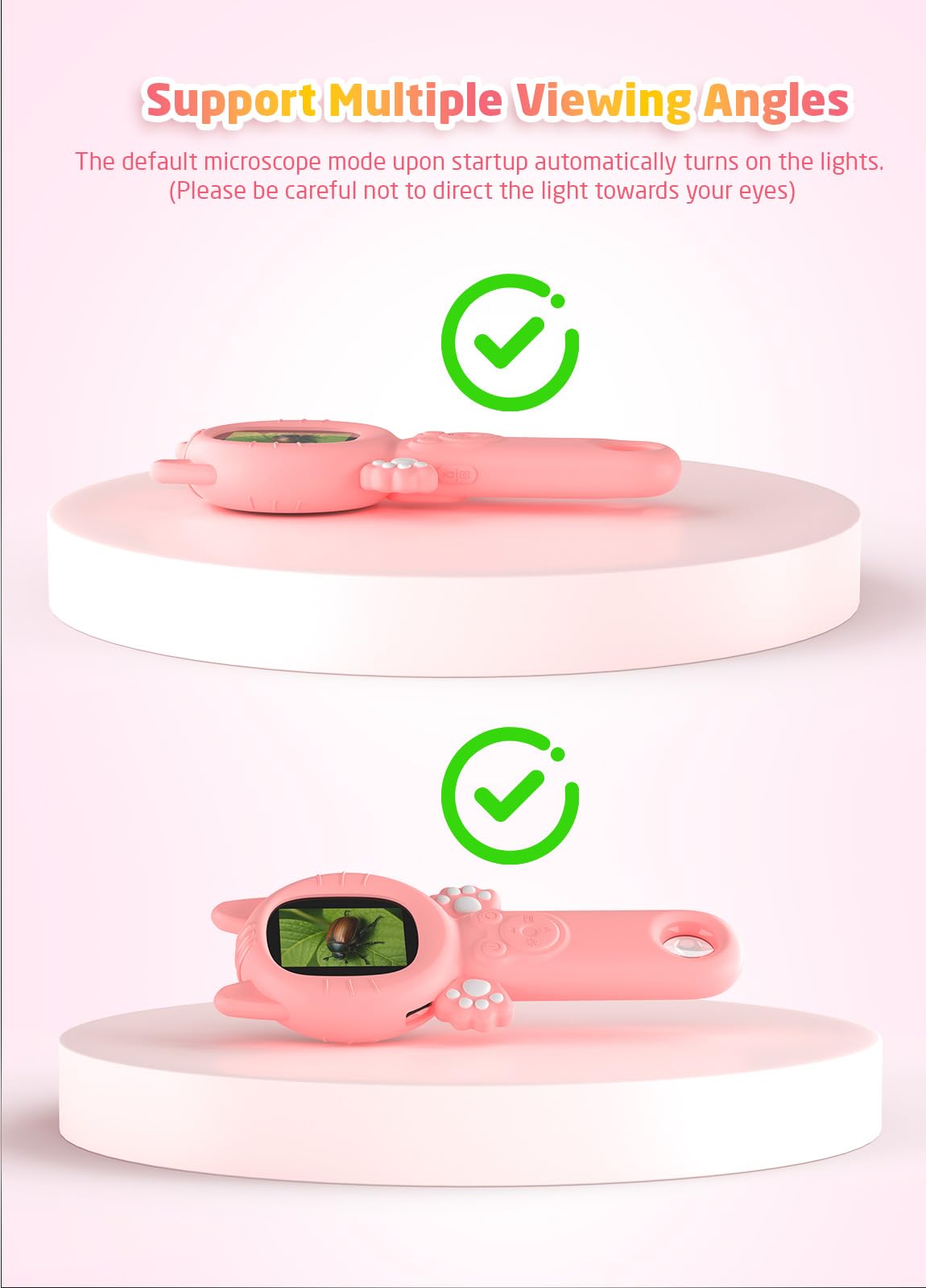 PHNIXGAM 2-in-1 Microscope Camera for Kids - Pink Cat, Portable 500x Zoom & 8 LED