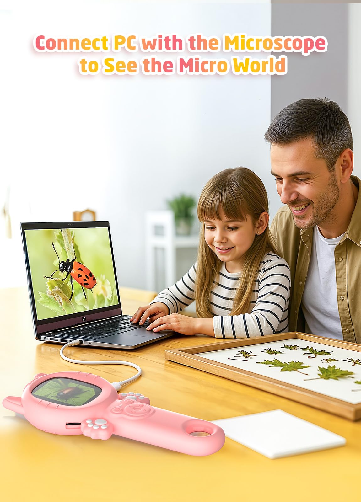 PHNIXGAM 2-in-1 Microscope Camera for Kids - Pink Cat, Portable 500x Zoom & 8 LED