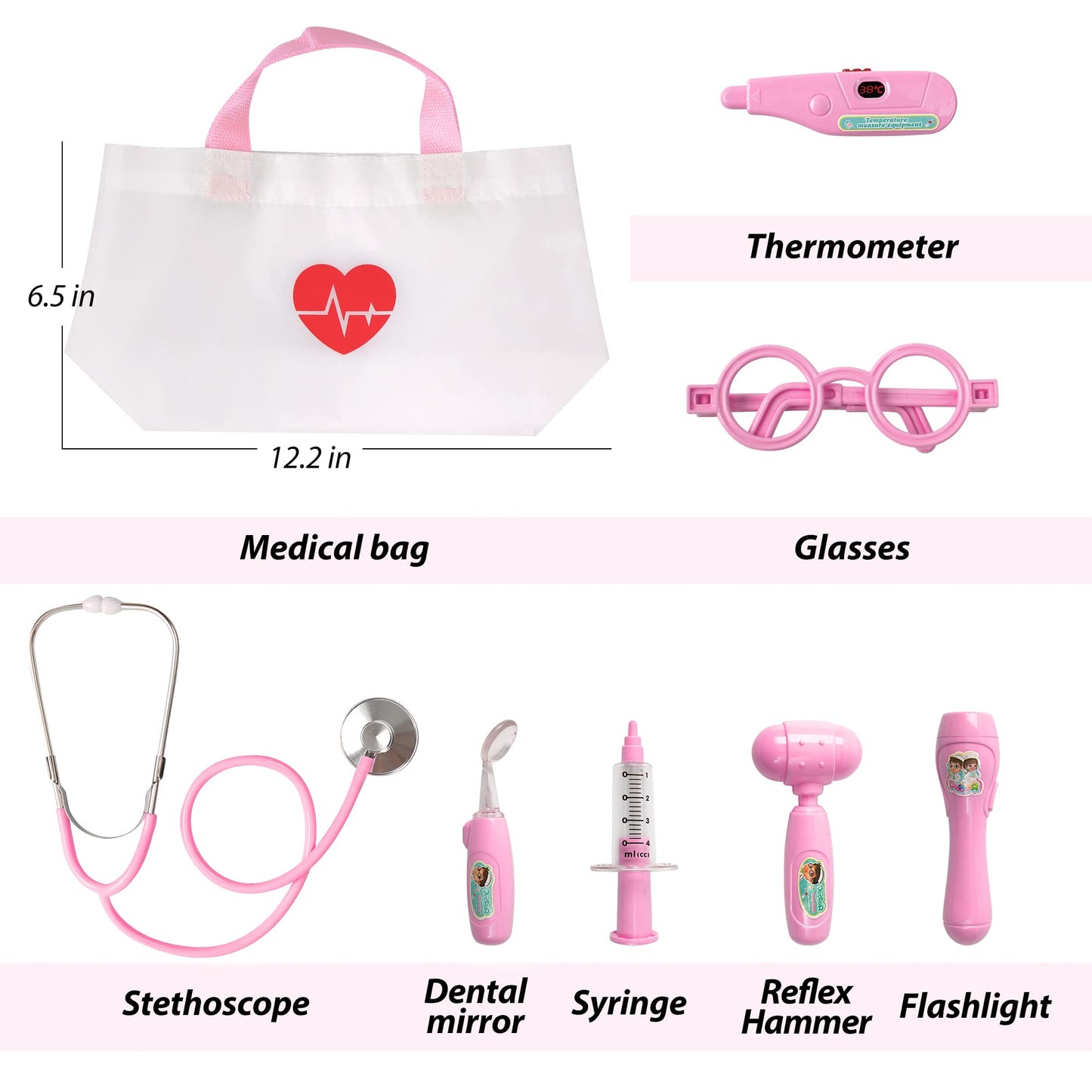 Phobby Kids Doctor Kit — 8-Piece Toddler Doctor Playset with Real Stethoscope & Portable Bag (Pink)