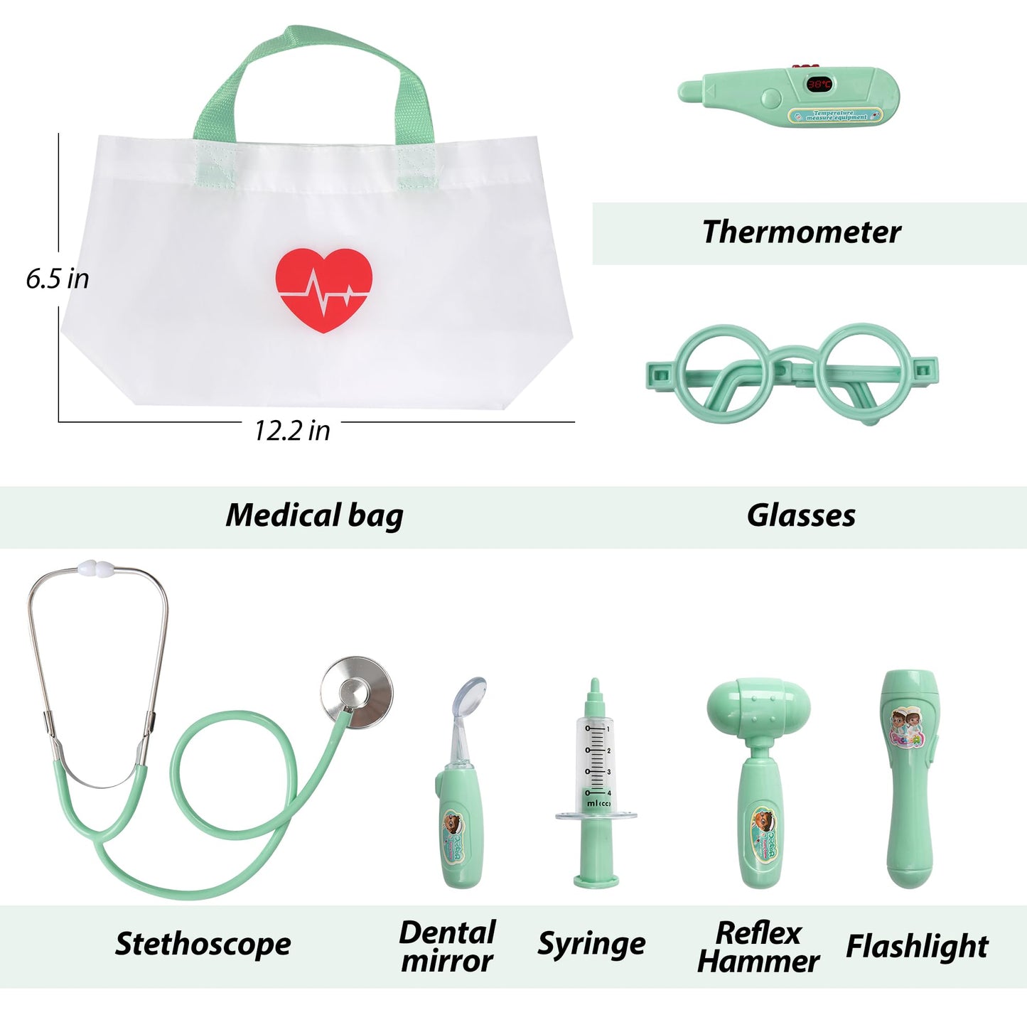 Phobby Kids Doctor Kit - 8-Piece Pretend Play Set with Real Stethoscope & Storage Bag for Ages 3-6 (Green)