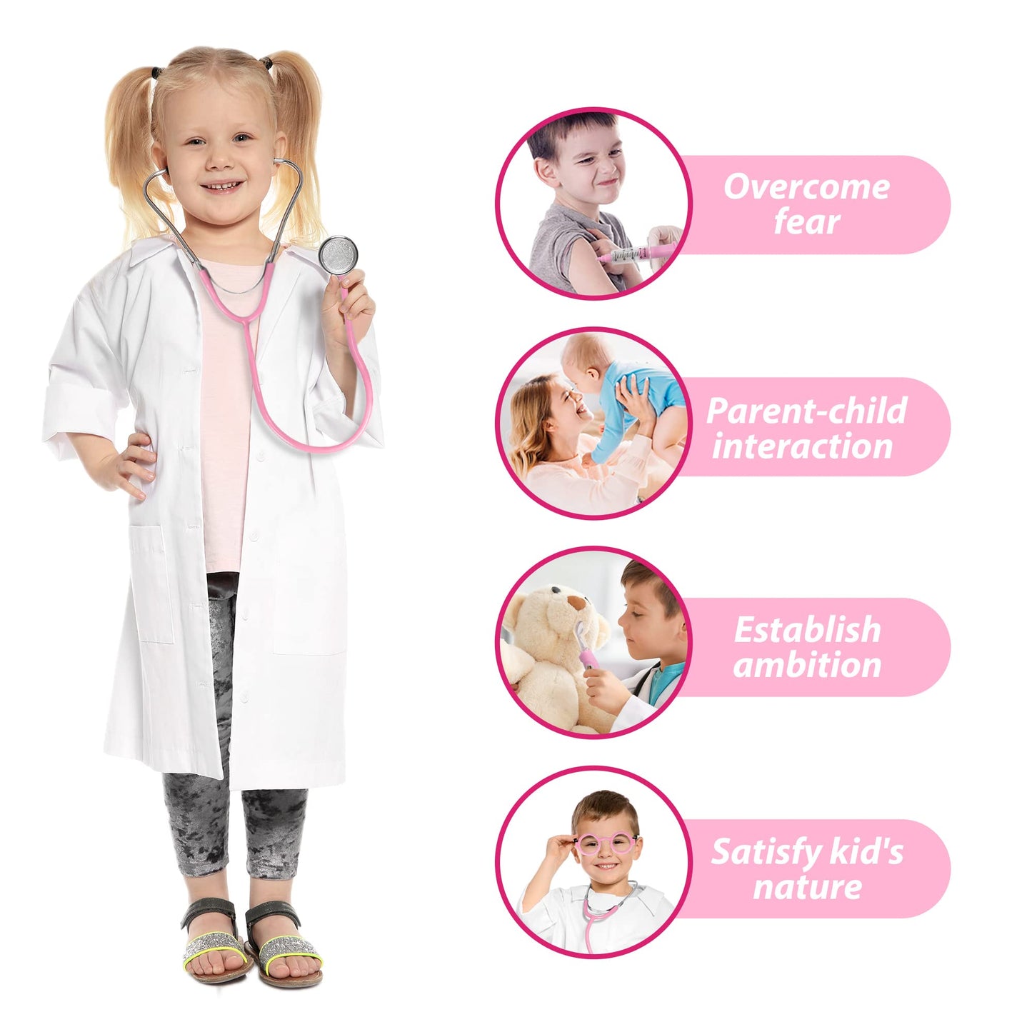 Phobby Kids Doctor Kit — 8-Piece Toddler Doctor Playset with Real Stethoscope & Portable Bag (Pink)