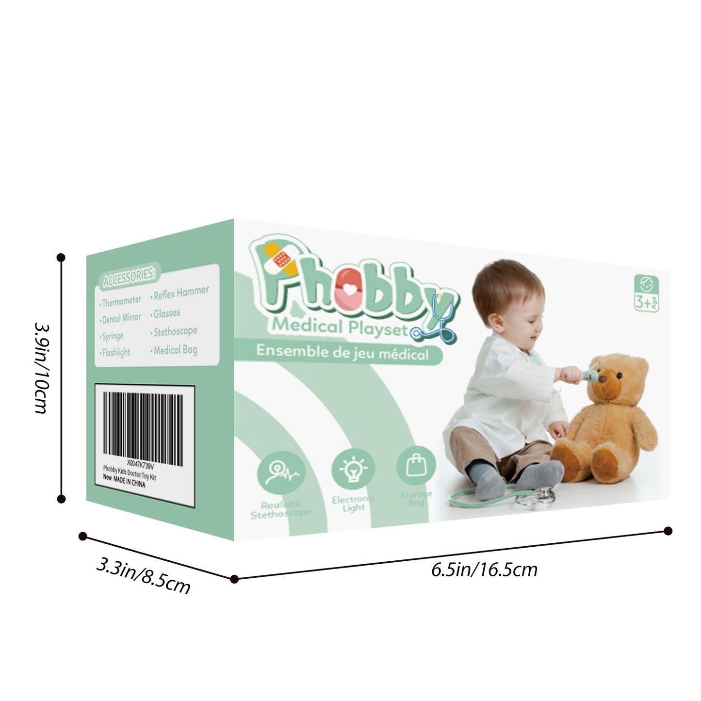 Phobby Kids Doctor Kit - 8-Piece Pretend Play Set with Real Stethoscope & Storage Bag for Ages 3-6 (Green)