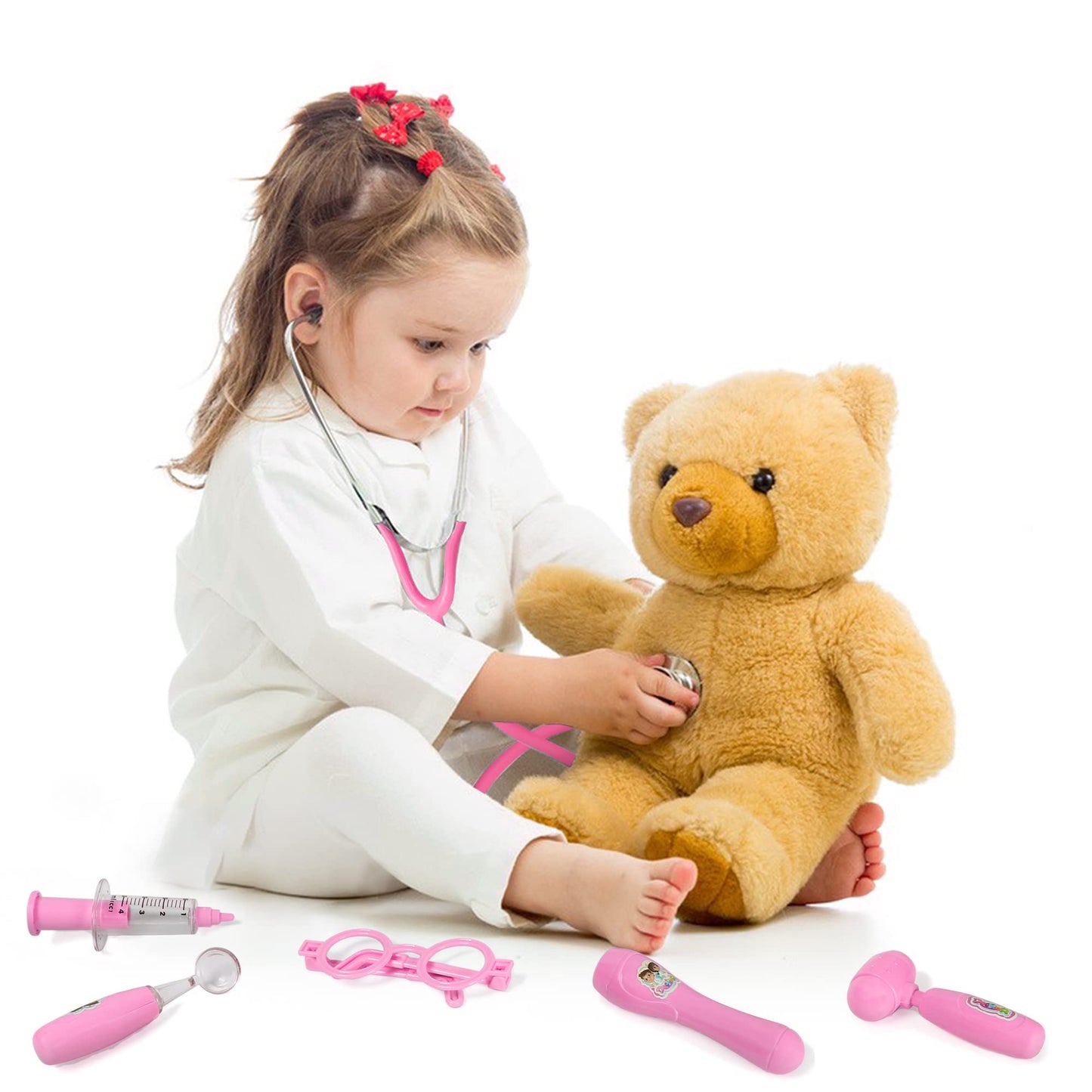 Phobby Kids Doctor Kit — 8-Piece Toddler Doctor Playset with Real Stethoscope & Portable Bag (Pink)