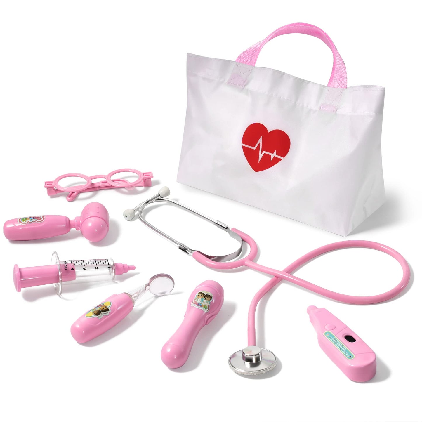 Phobby Kids Doctor Kit — 8-Piece Toddler Doctor Playset with Real Stethoscope & Portable Bag (Pink)