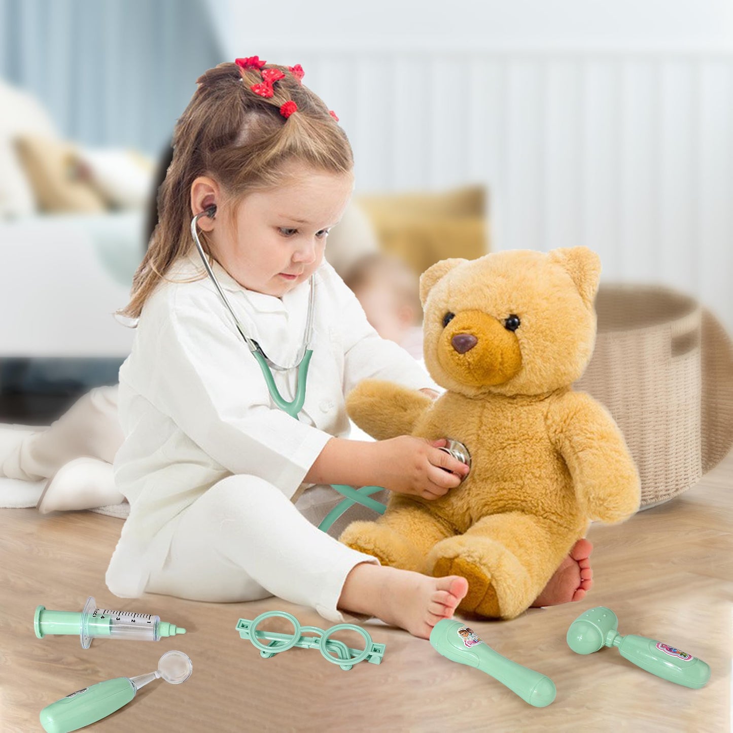Phobby Kids Doctor Kit - 8-Piece Pretend Play Set with Real Stethoscope & Storage Bag for Ages 3-6 (Green)