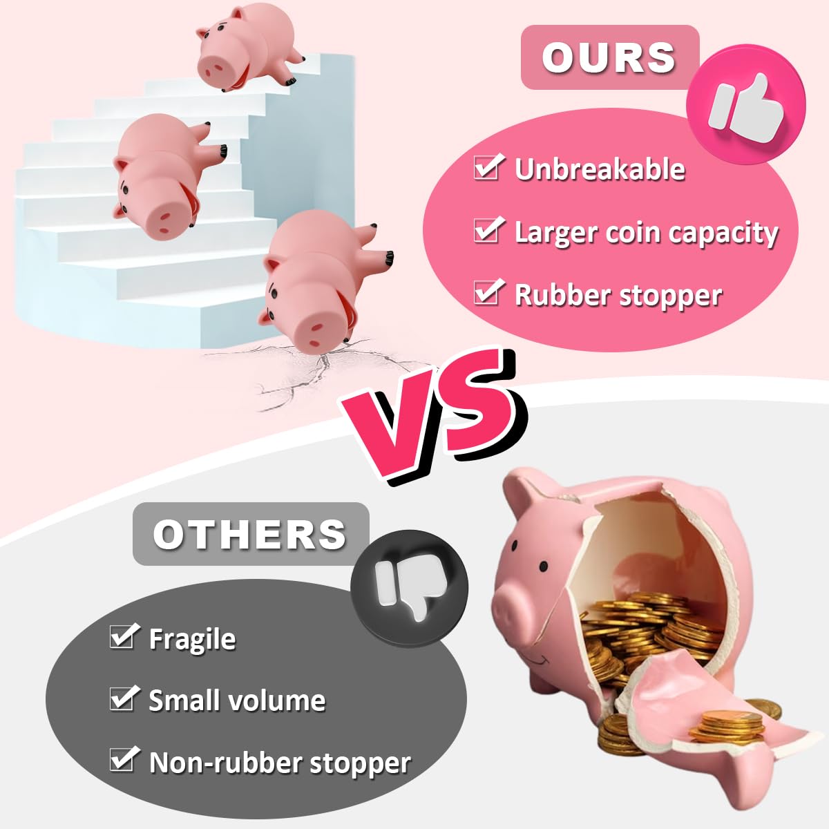 PHOCAS Piggy Bank – Pink Unbreakable Plastic Coin Bank for Kids | Safe, Durable & Cute
