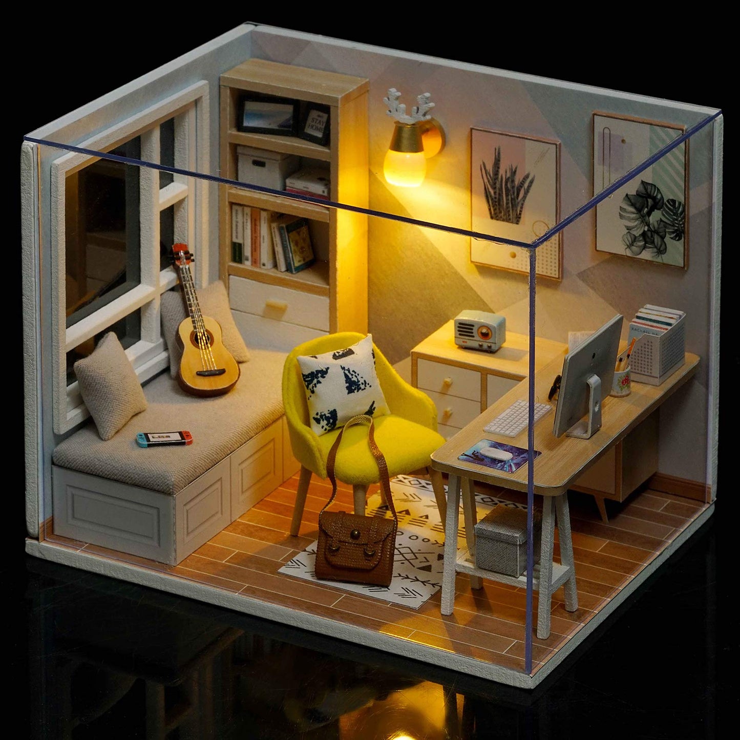 Piberagi DIY Miniature Dollhouse Kit 1:32 – Dust-Proof Study Room