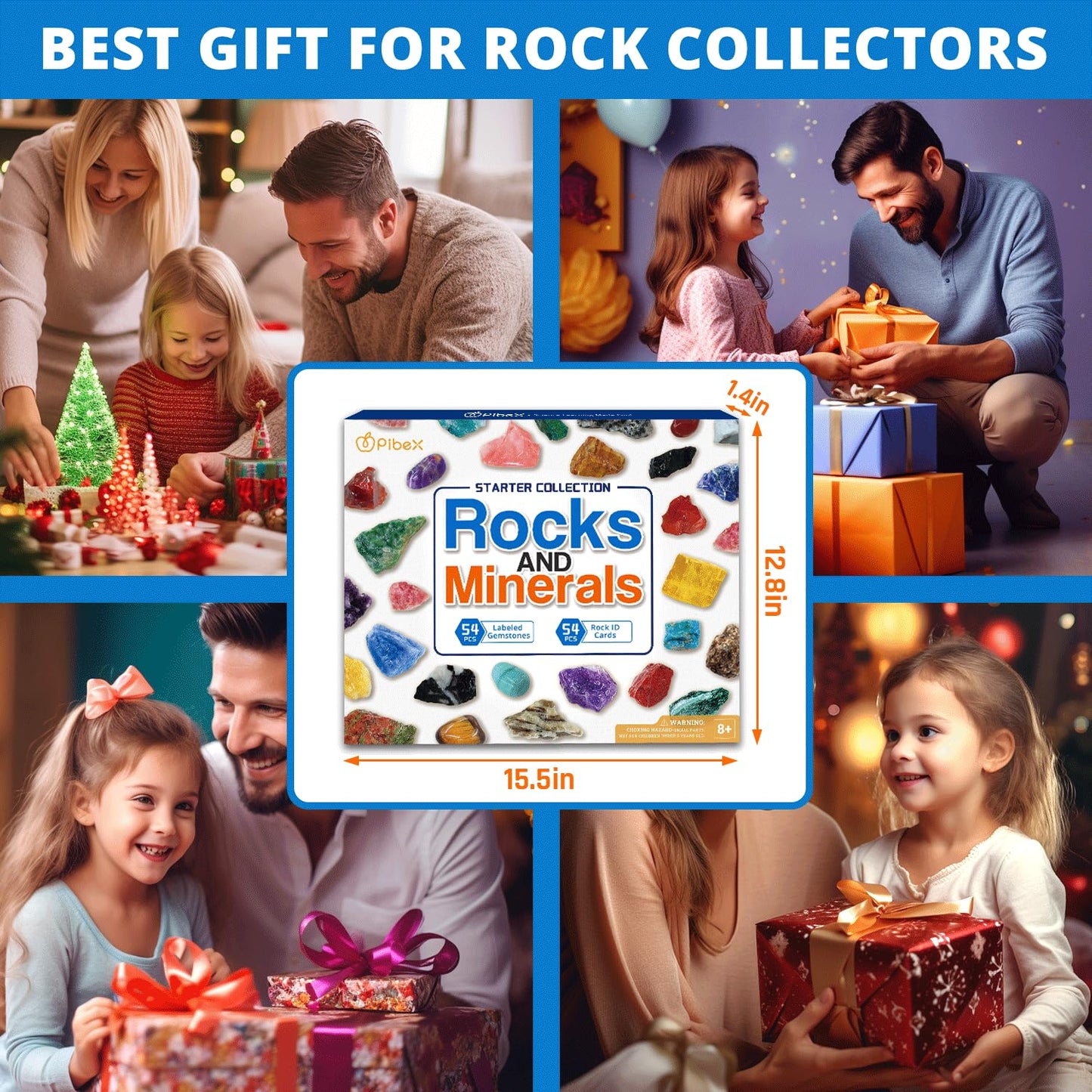 PIBEX Rock Collection Starter Kit — 54-Piece Geology Set with Cards, Guide & Display Case
