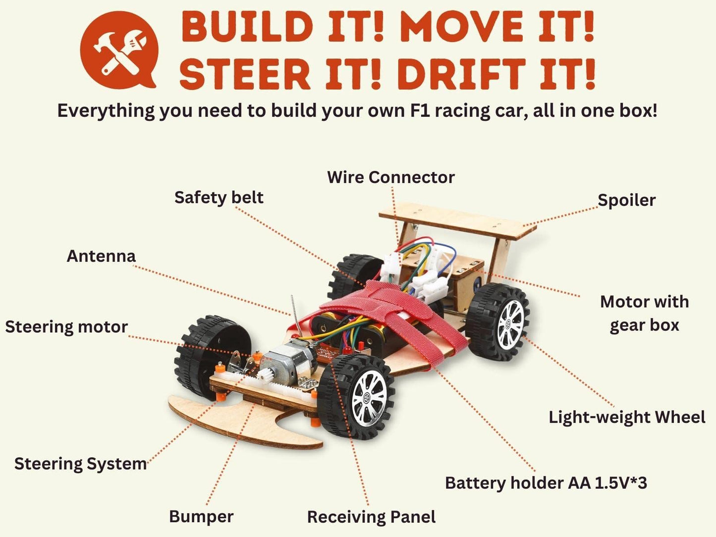 Pica Toys Wooden F1 Racing Car Kit – Remote Control STEM Build (Red)