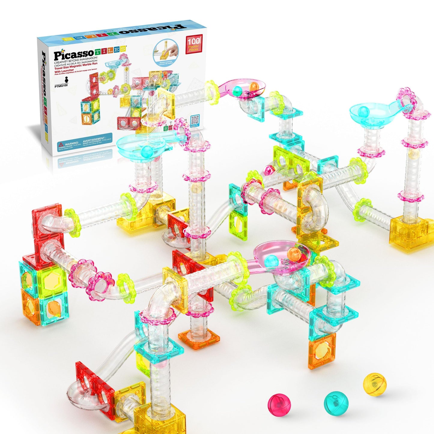 PicassoTiles 100pc Marble Run Travel Set – Magnetic Tile Blocks for On-The-Go STEM Play