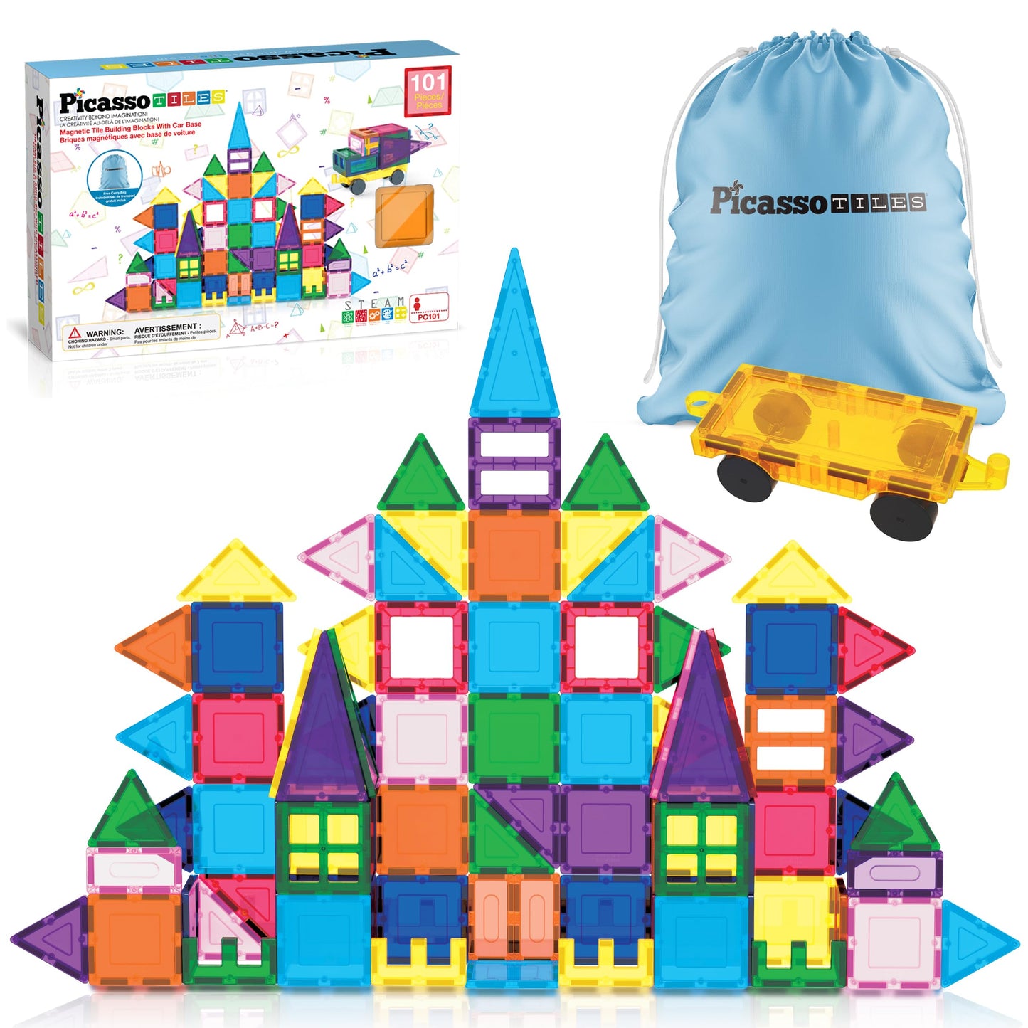 PicassoTiles 101 Pcs Magnetic Tiles – Car & Drawstring Carry Bag STEM Toy (Ages 3+)