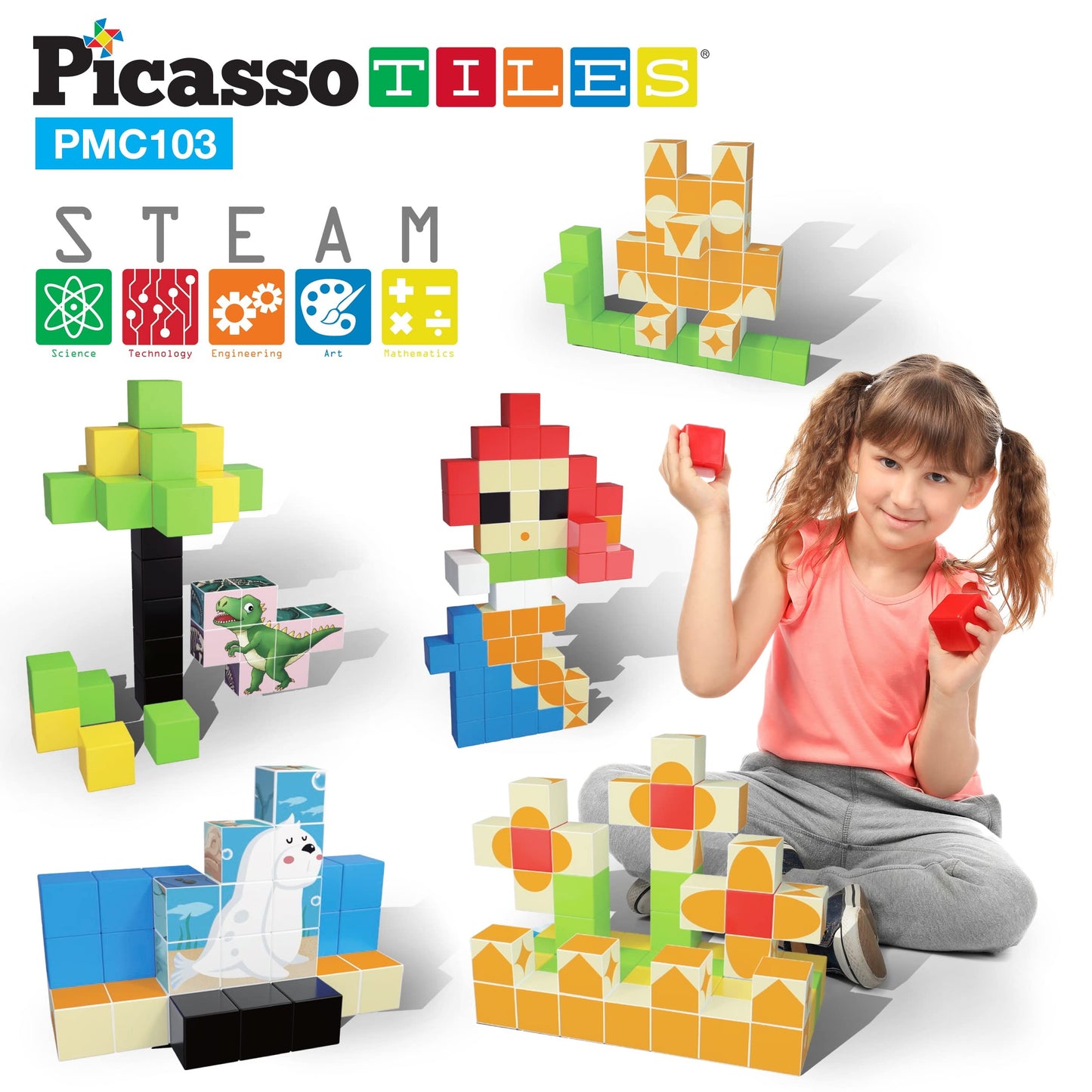 PicassoTiles 103-Piece Magnetic Building Block Cubes – 3D Construction & STEM Toy
