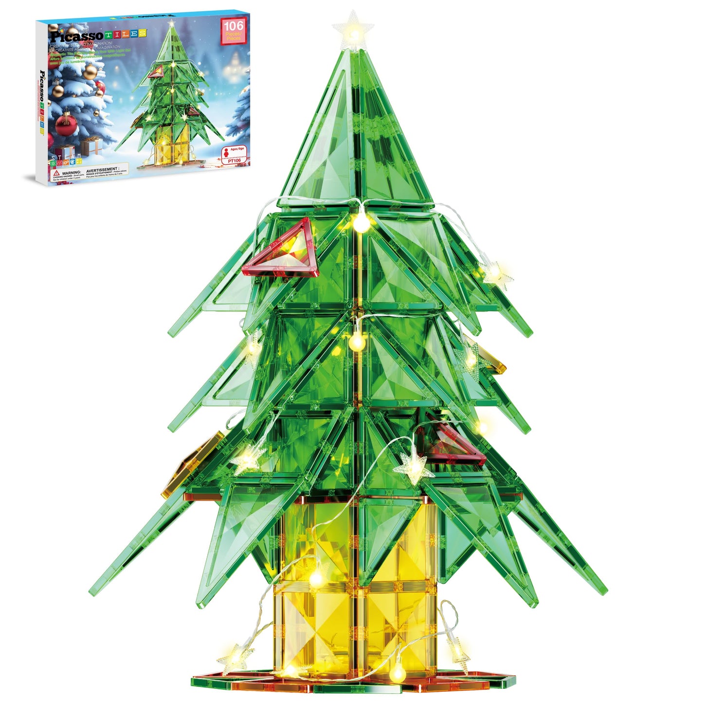 PicassoTiles 106pc Magnetic Tiles LED Light-Up Tree – STEM Toy for Kids 3+ | PT106