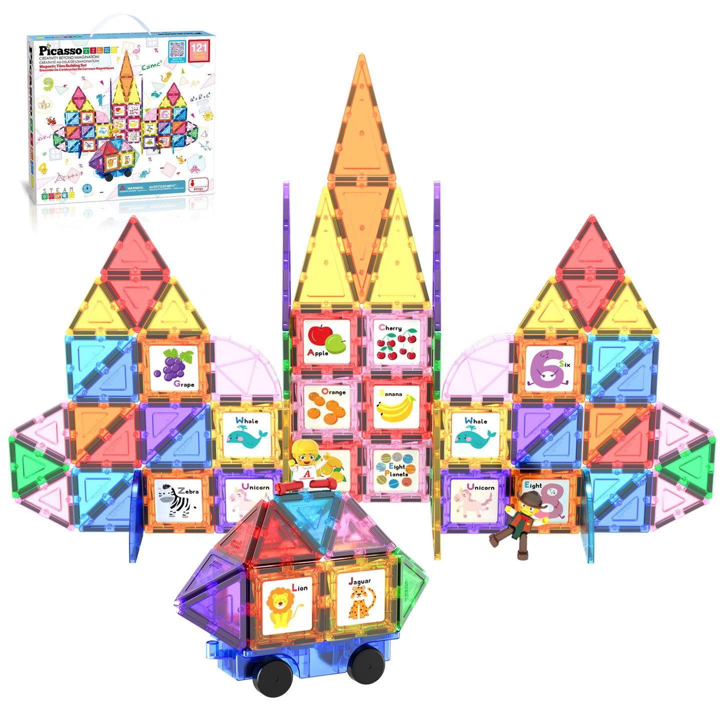 PicassoTiles 121pc Master Builder Magnetic Building Block Set – Car Truck Figures, Alphabet & Animal Graphics, Windmill