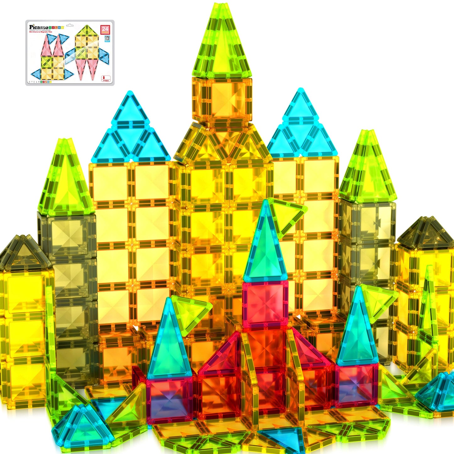 PicassoTiles Magnetic Tile 24pc Mini Diamond Set — Travel-Size STEM Toy for Kids 3+