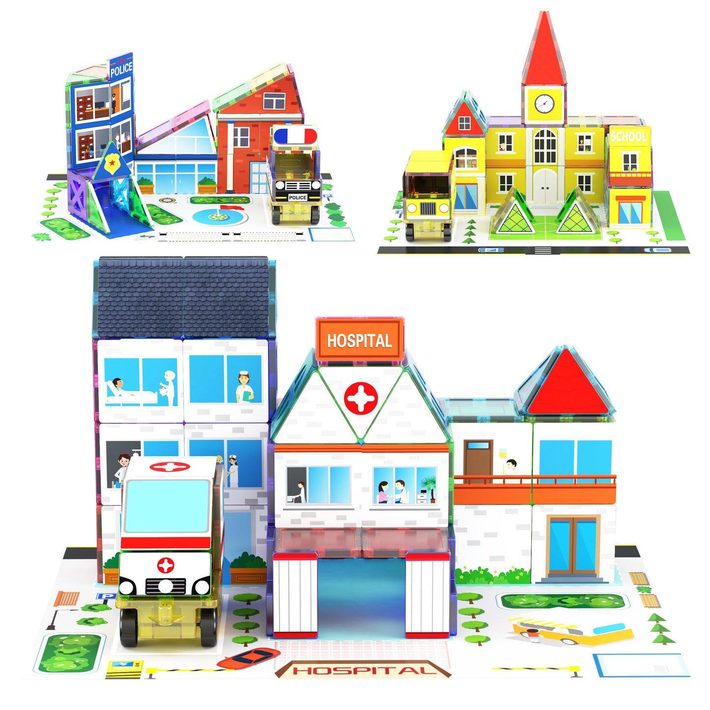 PicassoTiles 3-in-1 Theme Set – Magnetic STEM Building Blocks for Kids | School, Police & Hospital