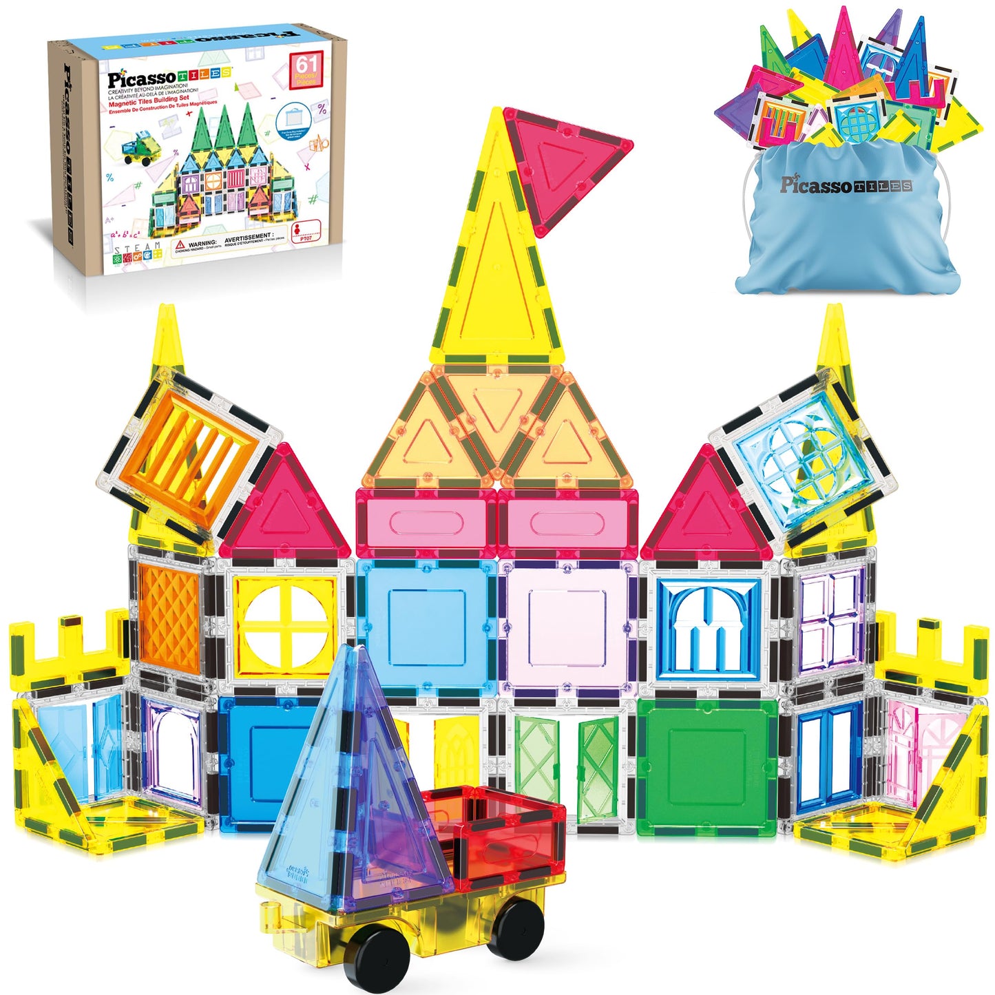 PicassoTiles Magnetic Tiles 61 Piece Set – STEM Building Blocks for Ages 3+
