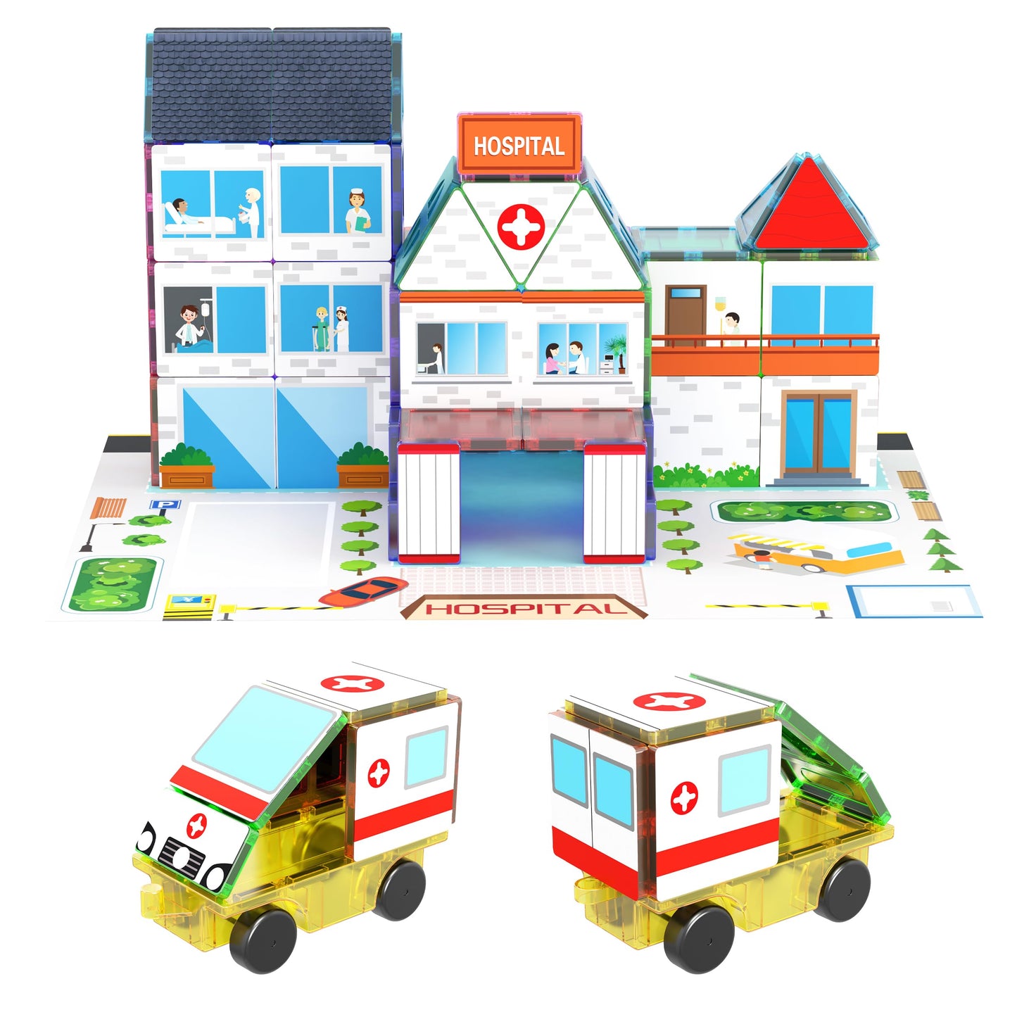 PicassoTiles 3-in-1 Theme Set – Magnetic STEM Building Blocks for Kids | School, Police & Hospital