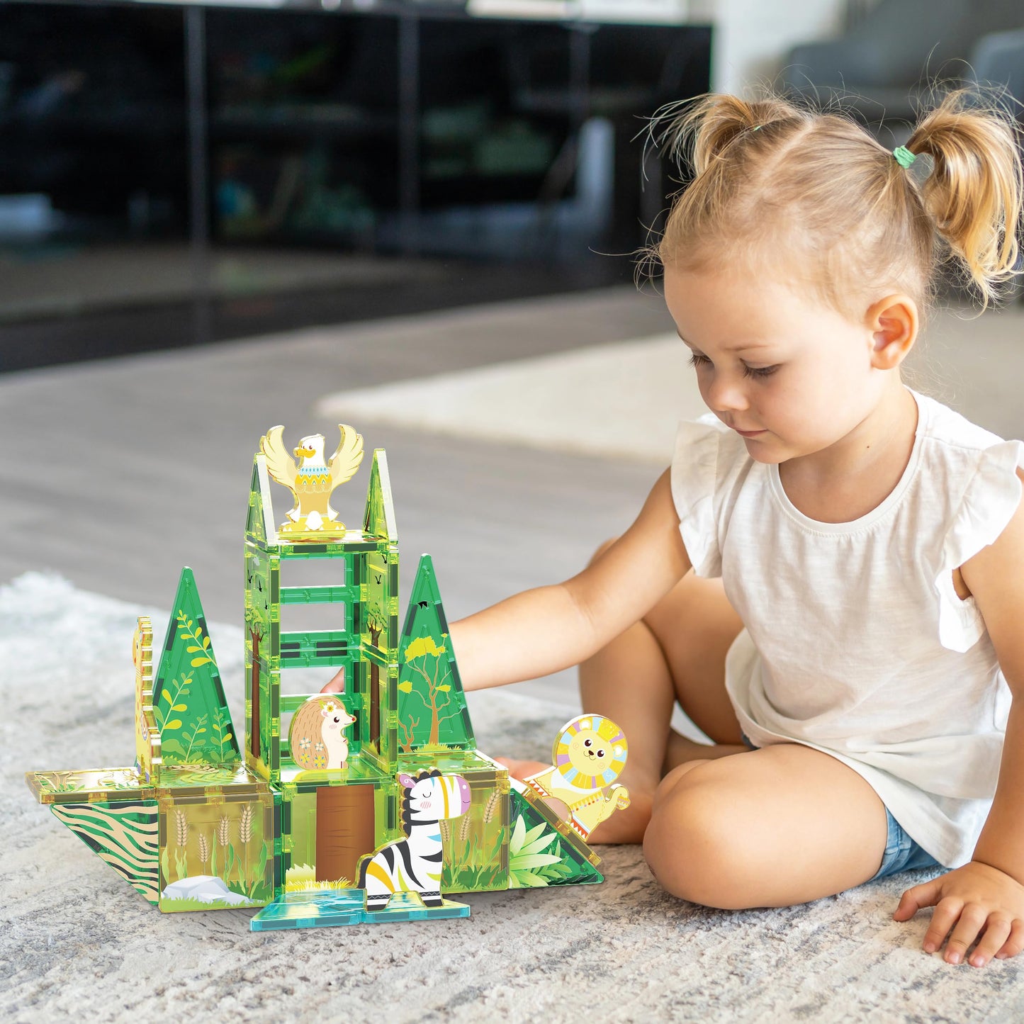 PicassoTiles Safari Magnet Tile Set – 46-Piece Magnetic Blocks with 8 Safari Figures for Ages 3+ | STEAM Educational Toy