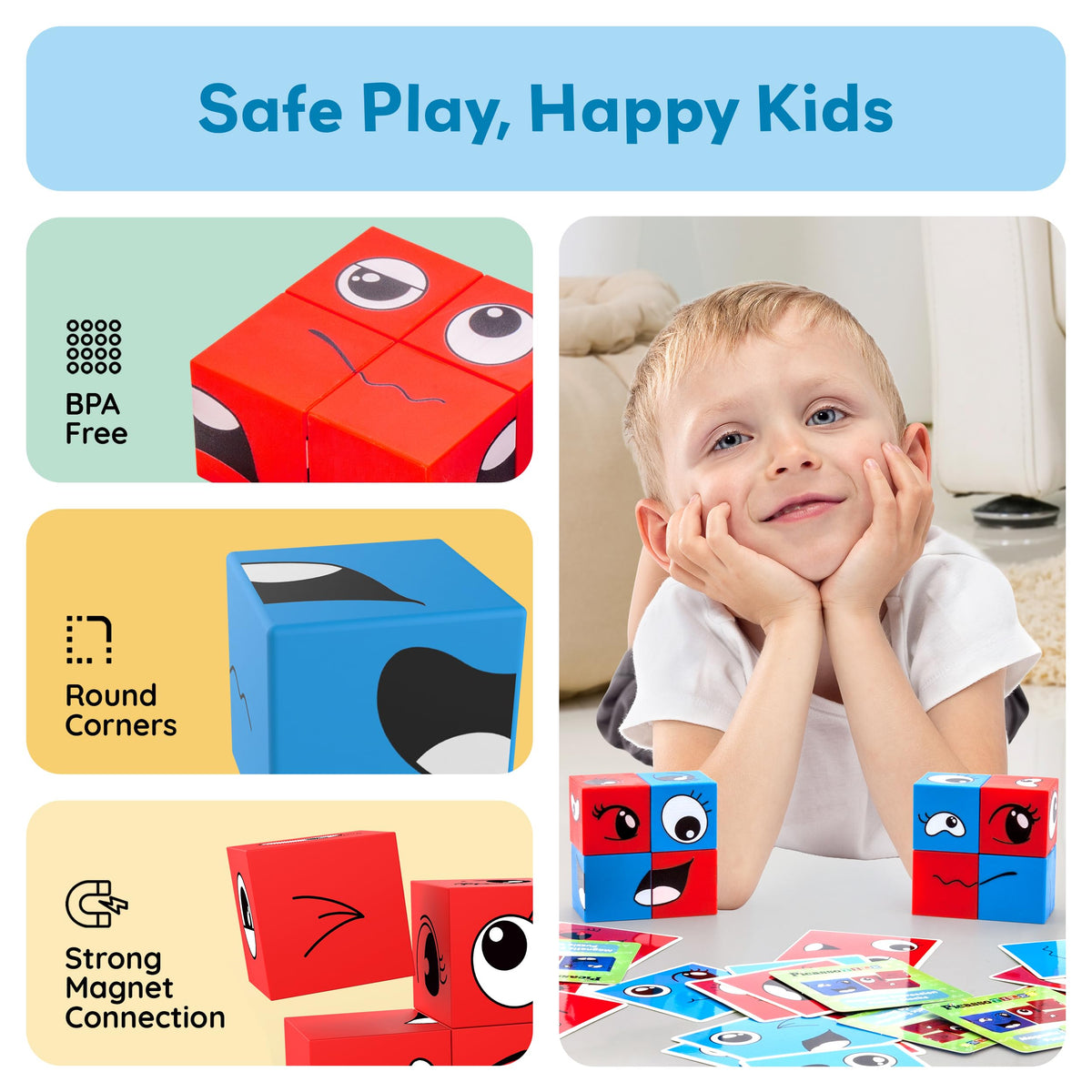 PicassoTiles Magnetic Expression Puzzle Cubes – 8-Piece Emoticon Blocks for STEM & Preschool