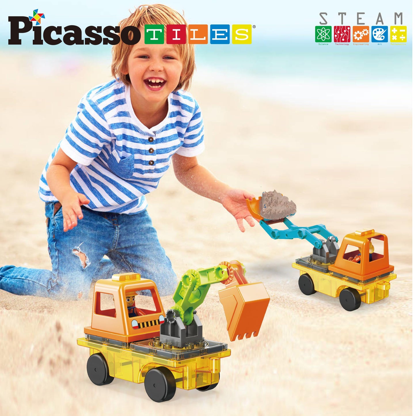 PicassoTiles Magnet Tiles 2-in-1 Excavator & Backhoe | STEM Construction Playset for Ages 3+