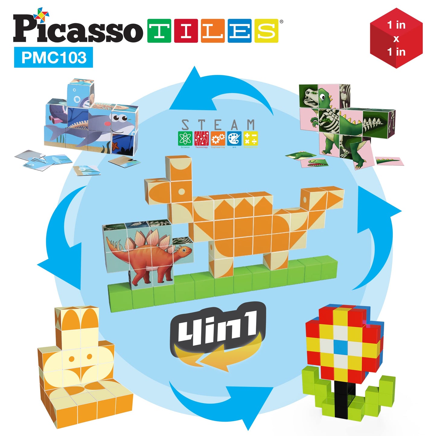 PicassoTiles 103-Piece Magnetic Building Block Cubes – 3D Construction & STEM Toy