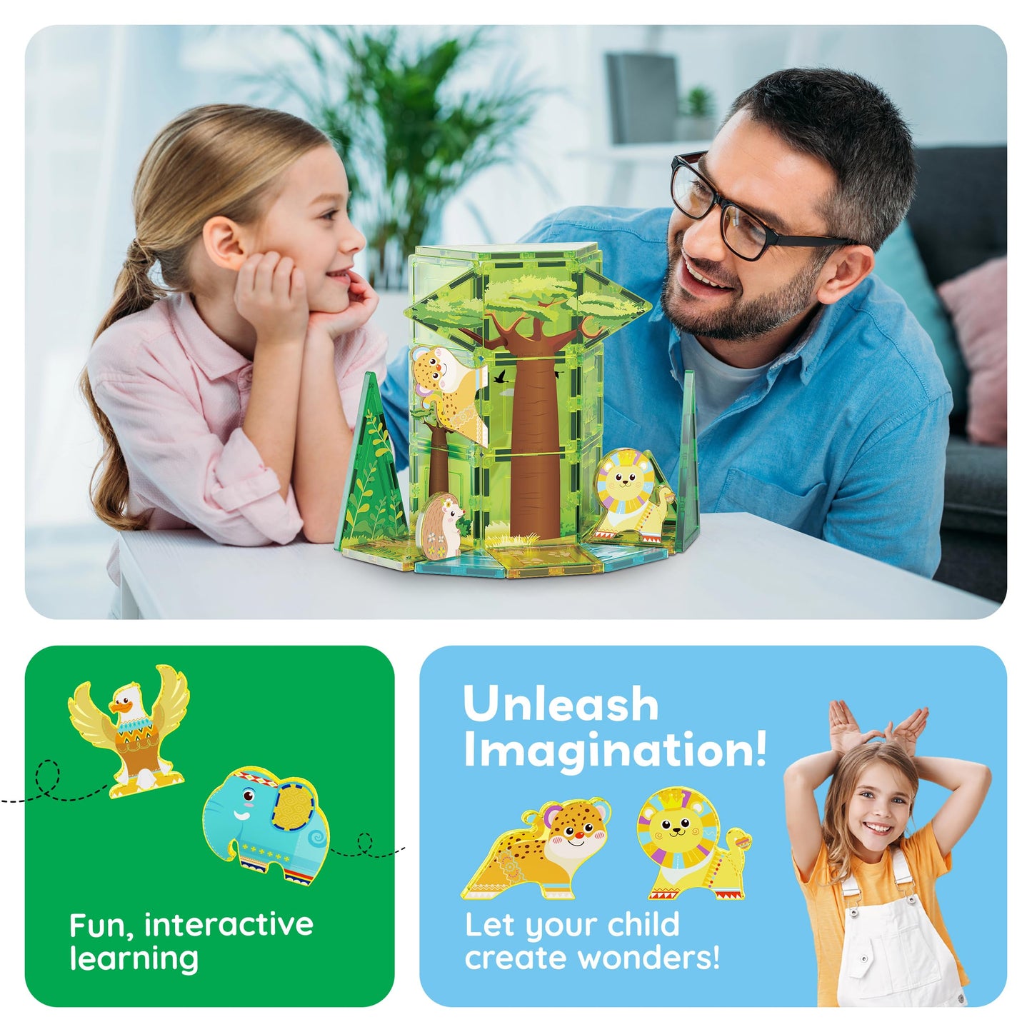 PicassoTiles Safari Magnet Tile Set – 46-Piece Magnetic Blocks with 8 Safari Figures for Ages 3+ | STEAM Educational Toy