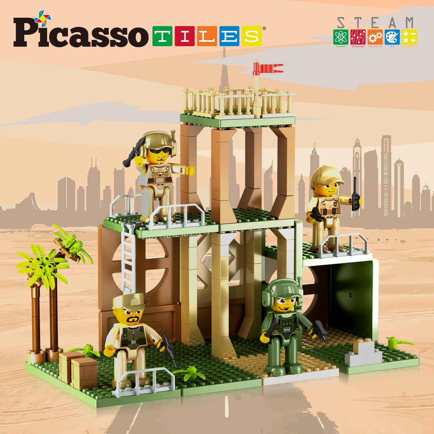 PicassoTiles PTL18 Military Combat Magnet Tile Playset – 186-Piece Construction & 4 Figures