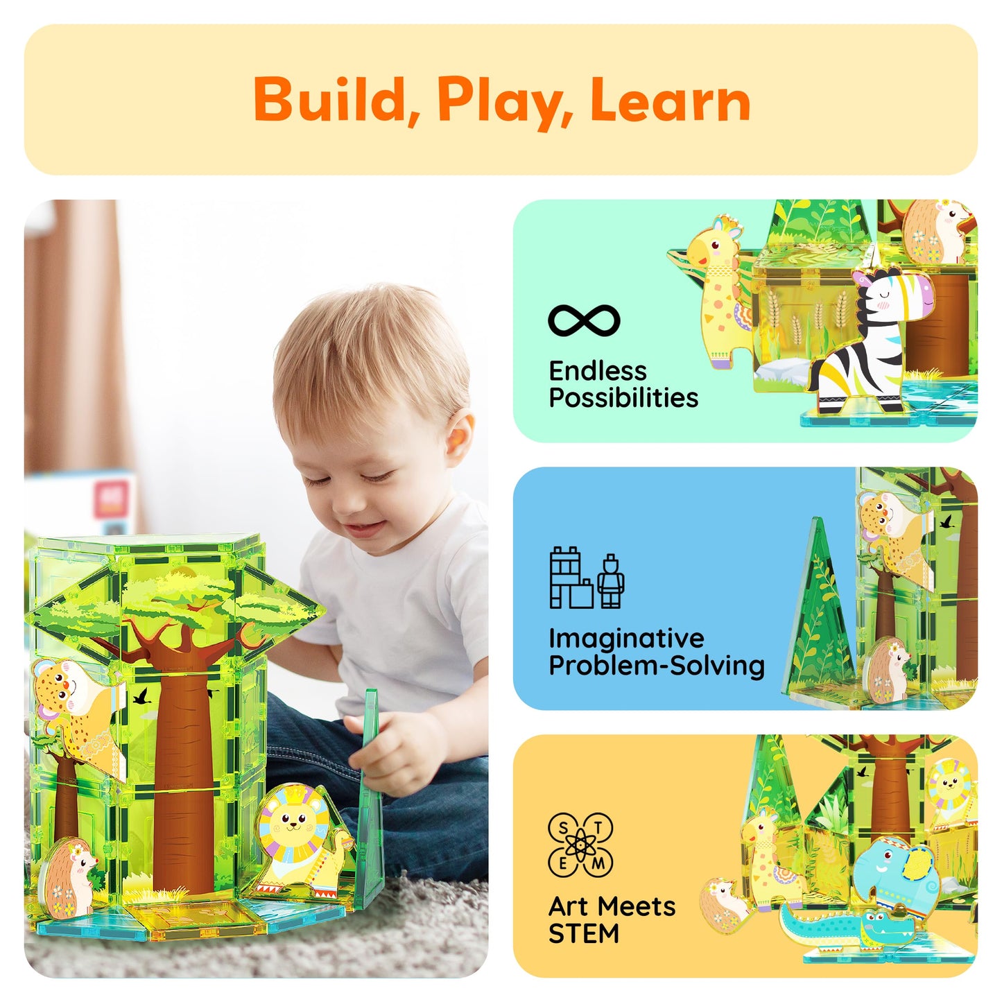 PicassoTiles Safari Magnet Tile Set – 46-Piece Magnetic Blocks with 8 Safari Figures for Ages 3+ | STEAM Educational Toy