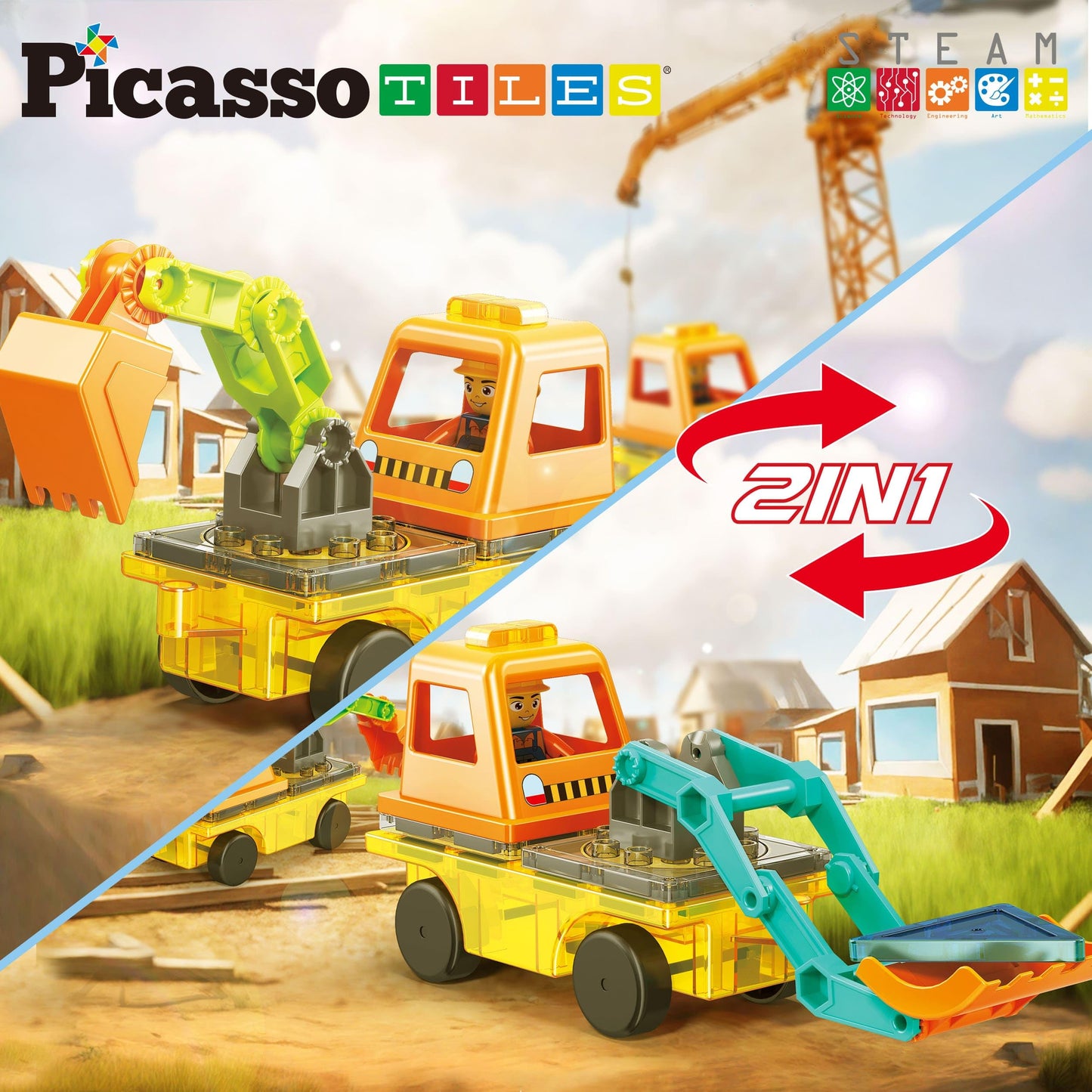 PicassoTiles Magnet Tiles 2-in-1 Excavator & Backhoe | STEM Construction Playset for Ages 3+