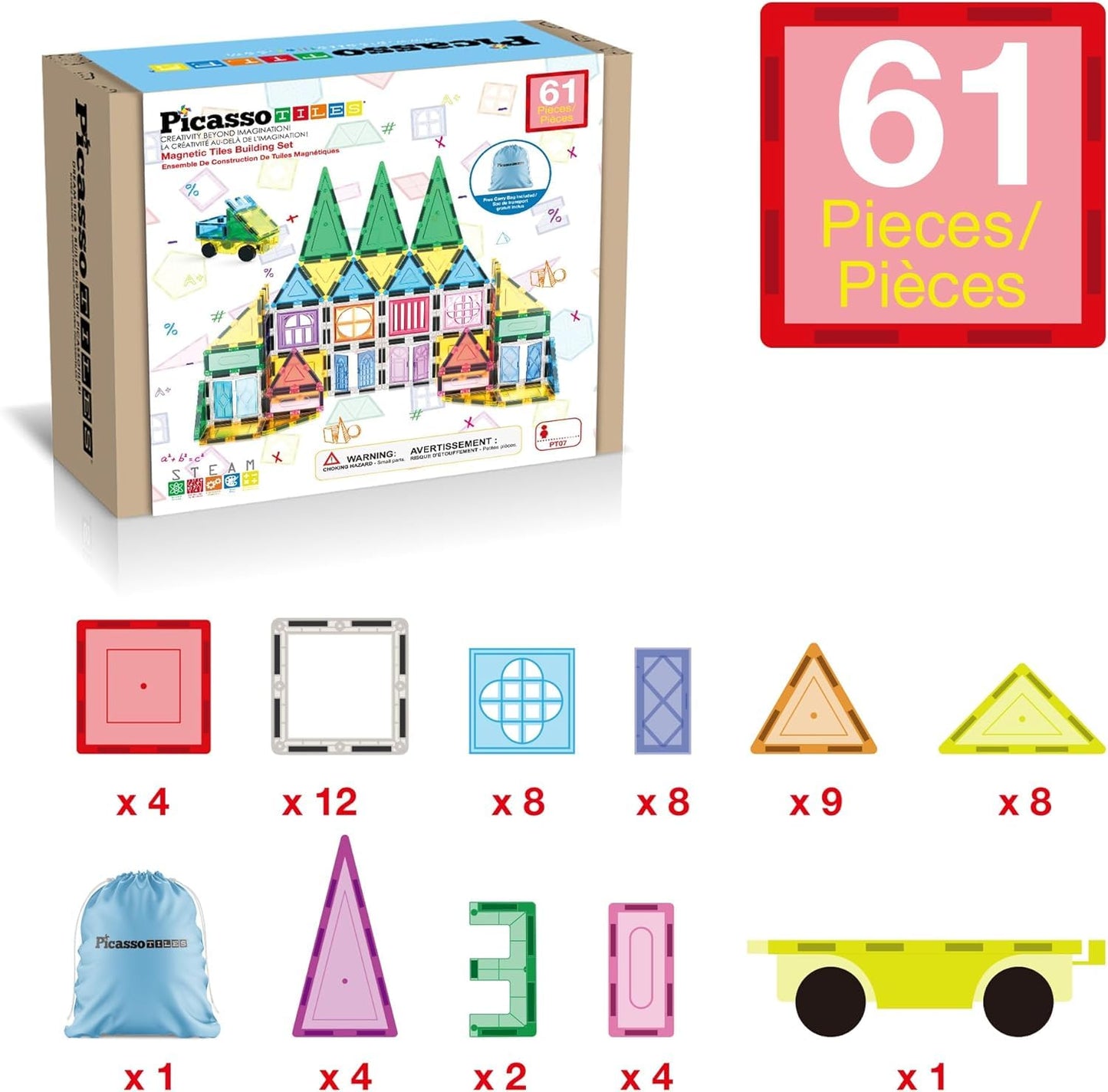 PicassoTiles Magnetic Tiles 61 Piece Set – STEM Building Blocks for Ages 3+
