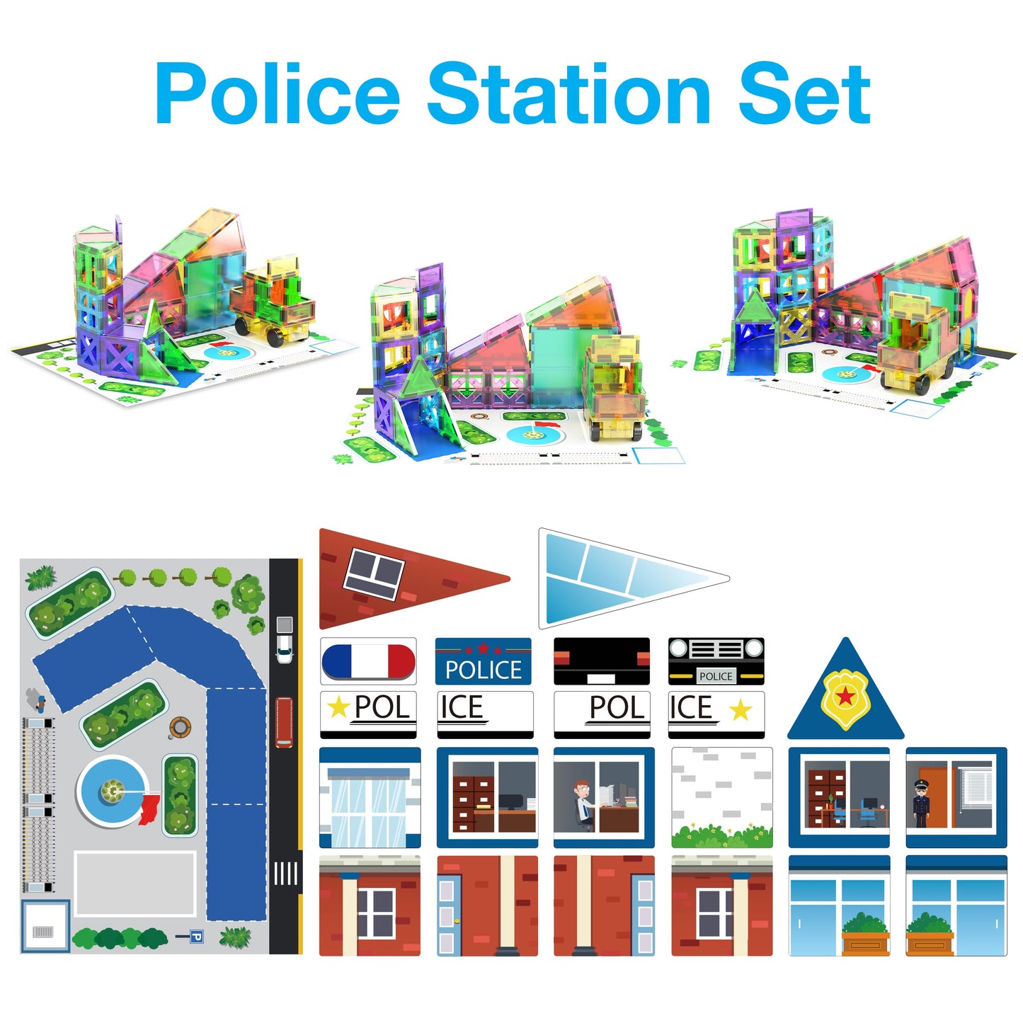 PicassoTiles 3-in-1 Theme Set – Magnetic STEM Building Blocks for Kids | School, Police & Hospital