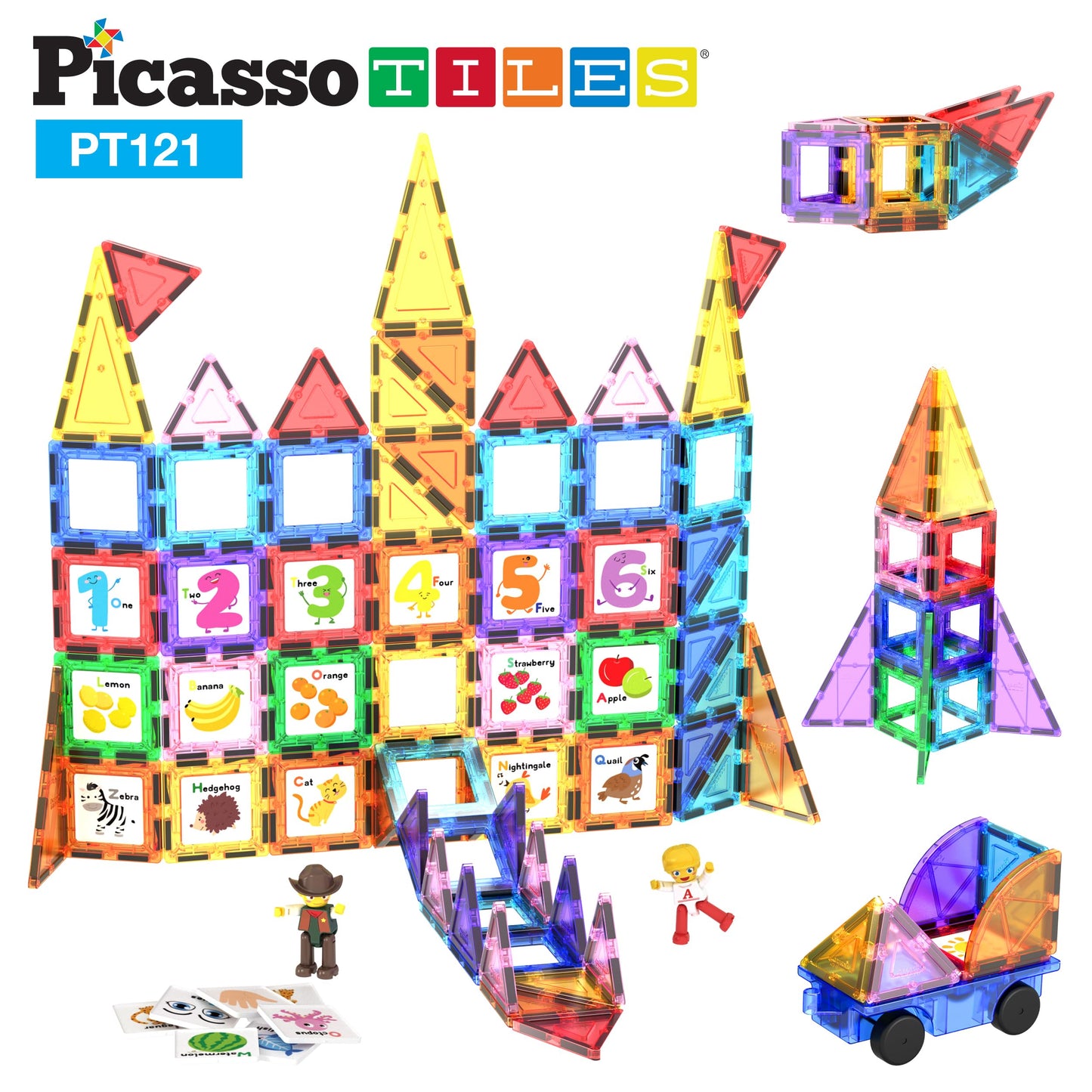 PicassoTiles 121pc Master Builder Magnetic Building Block Set – Car Truck Figures, Alphabet & Animal Graphics, Windmill